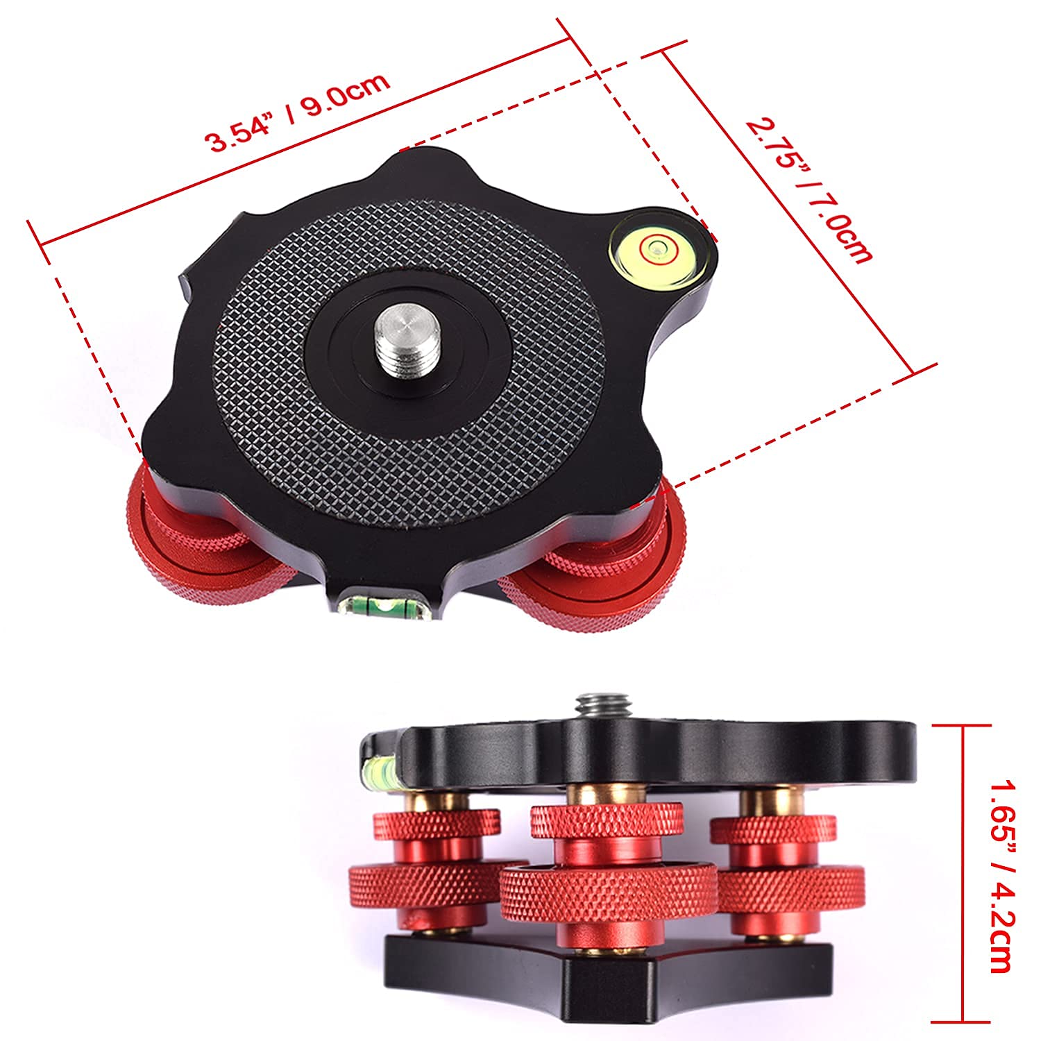 Fotoconic Photography Tripod Level Head Tri-Wheel Leveling Base With Three Bubble Levels And 3 Dials For +/-5 Degree Precision Adjustment, 3/8 Inch Screw Leveler