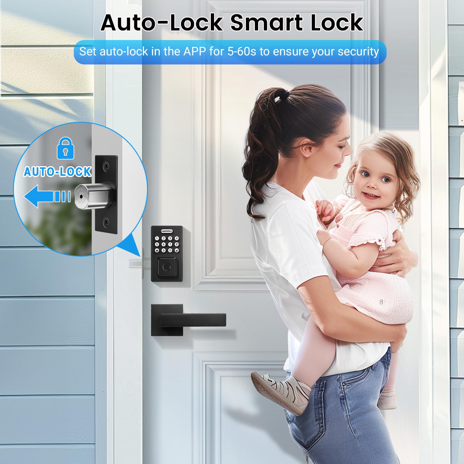 Knobwell Smart Fingerprint Door Lock With Lever Handle, Keyless Entry, Biometric Keypad, Electronic Deadbolt Lock，Matte Black