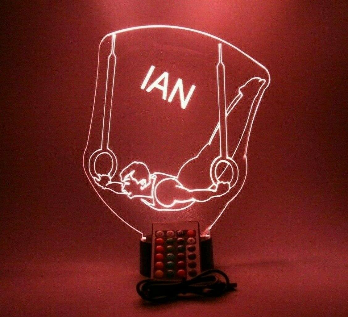 Mirror Mania Gymnast Night Light Up Table Lamp Led Personalized Name Engraved Male Boy Still Rings Gymnastics - It'S Wow, Comes With Remote, 16 Color Changing Options