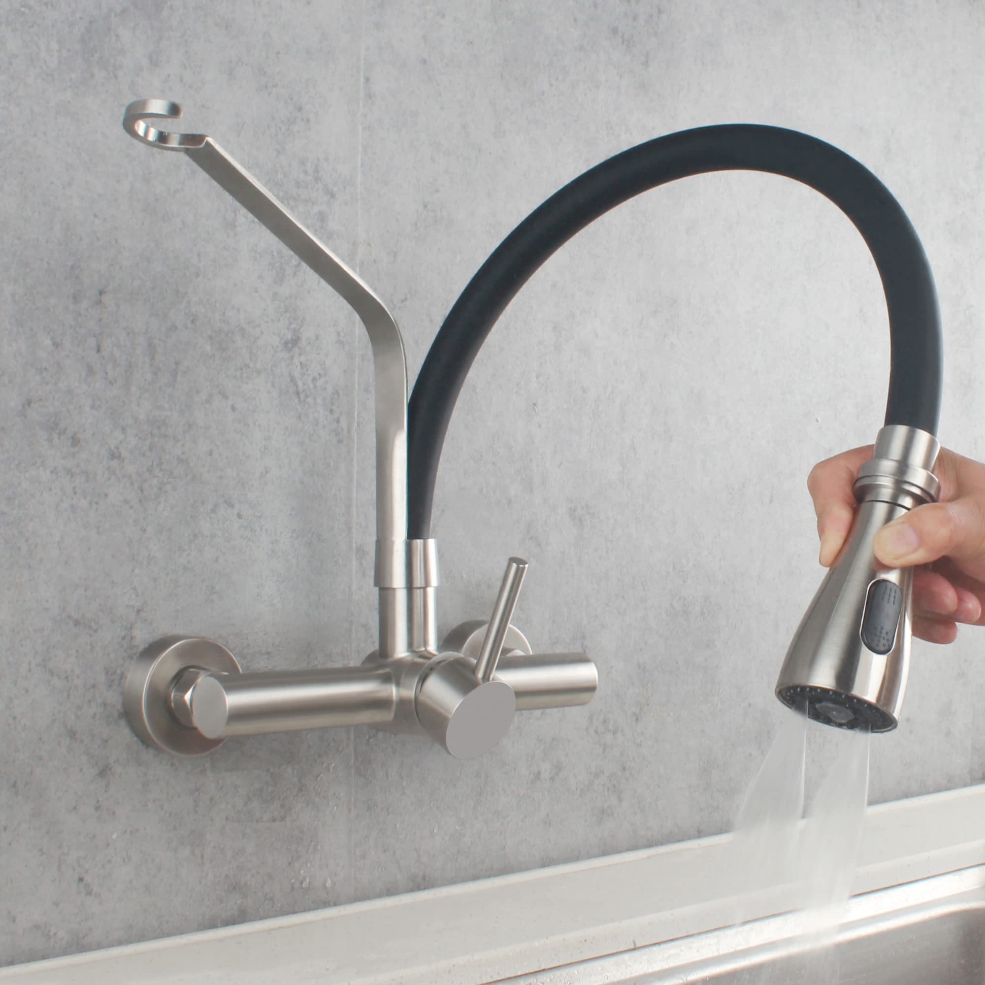 Umanyi Wall Mount Commercial Kitchen Faucet With Pull Down Sprayer 8 Inch Center Stainless Steel Brush Nickel Restaurant Laundry Utility Sink Faucet 3 Functions Lead- Sskf17-2Dc