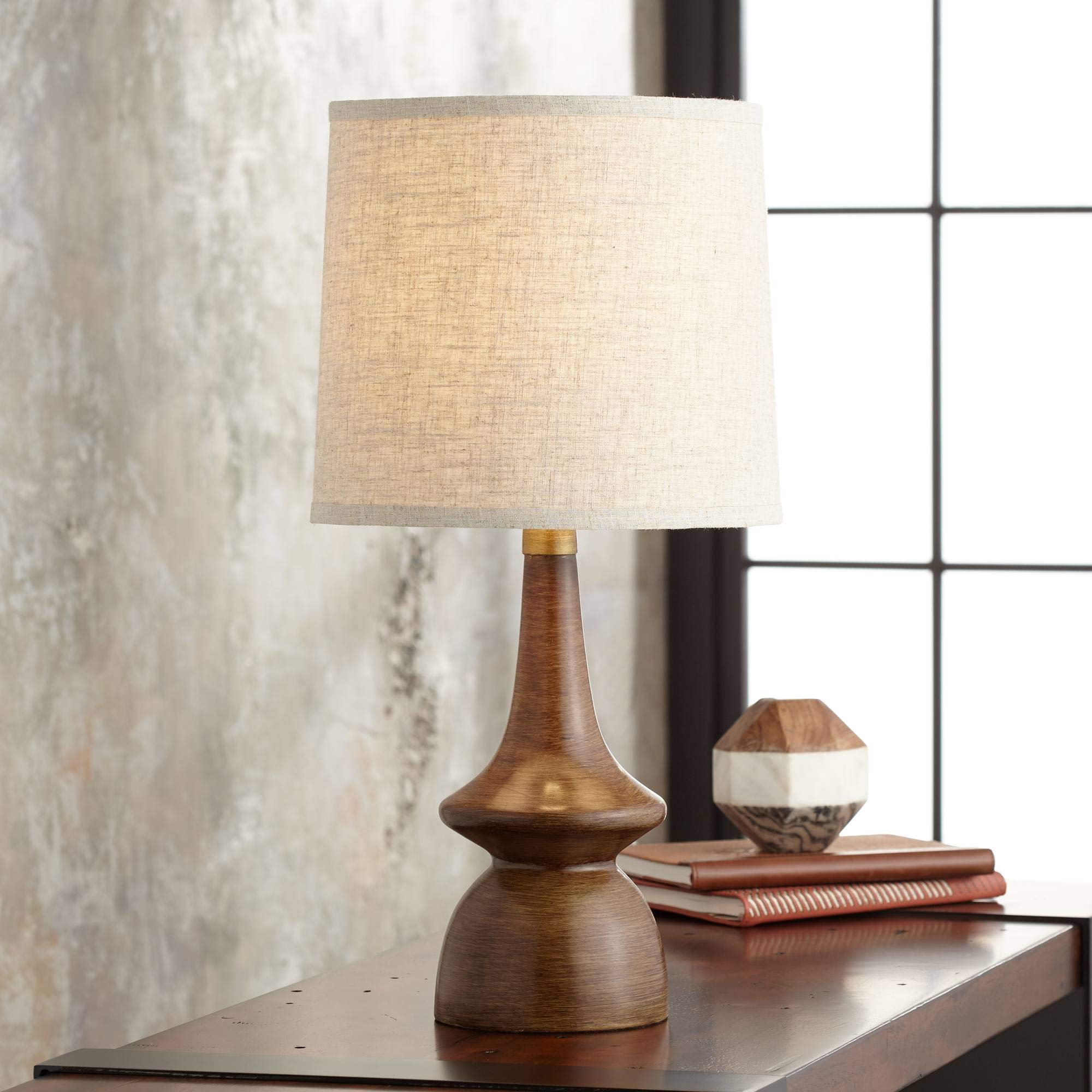 360 Lighting Rexford Mid Century Modern Table Lamp 24" High Walnut Faux Wood Brown Off White Linen Tapered Drum Shade For Bedroom Living Room House Home Bedside Nightstand Office Kids Family