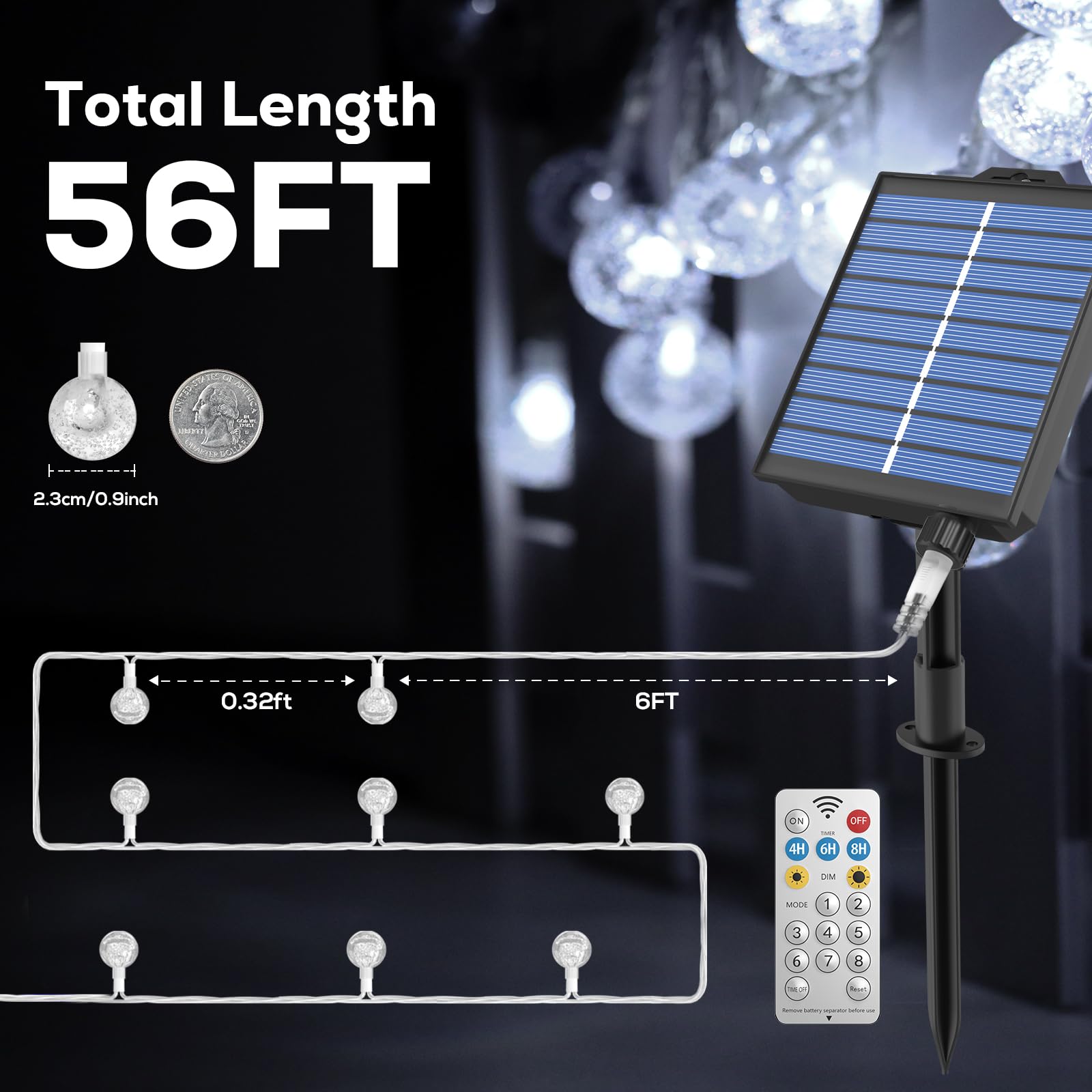 Goodea.Fun 56Ft 100Led Solar String Lights, Outdoor Solar Patio Lights With Remote, 1800Mah Battery Small Globe Light, 8 Lighting Modes & Timing, Ip65 Waterproof Outdoor Christmas Garden Yard Patio