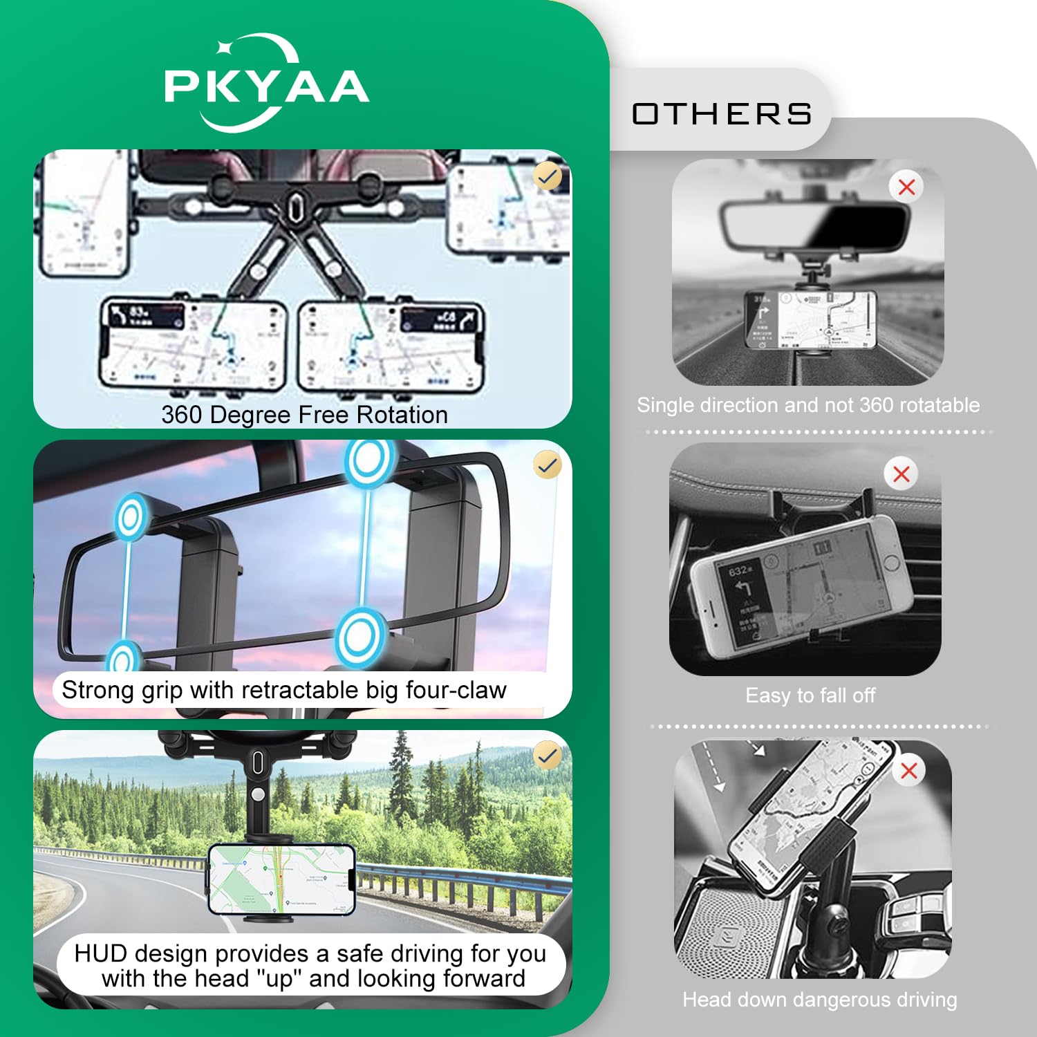 Pkyaa Rearview Mirror Phone Holder For Car, 360° Rotating Rear View Mount With Adjustable Arm Length,  Four Corners Fixed Anti-Shake Multifunctional Design For All Smartphones