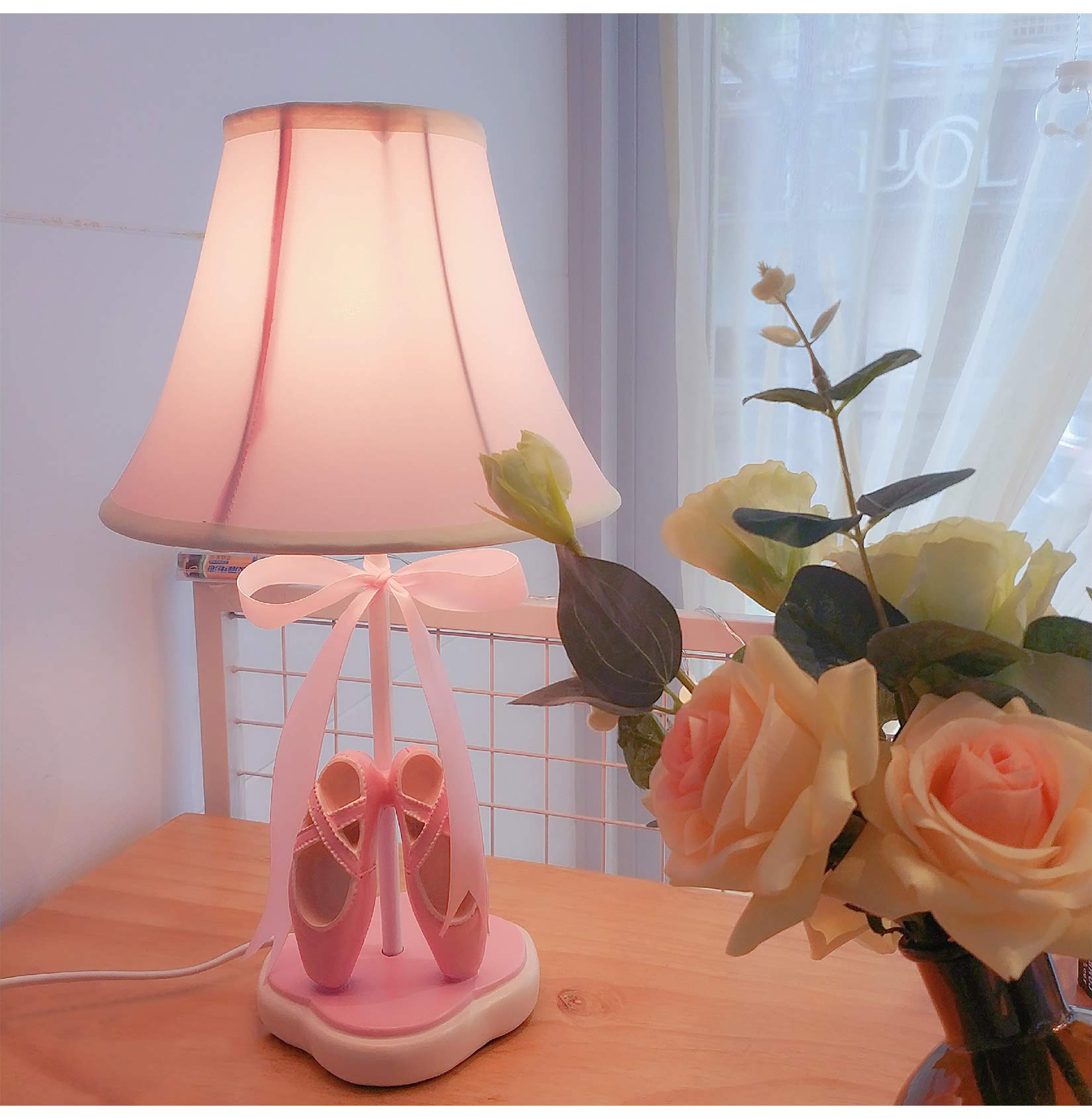 Herbestbay Cozylight Bedside Lamp, Pink Dancing Shoes Design, 14Inch Tall Table Lamp With Fabric Stitch Shade For Girl’S Bedroom Décor, Including An E26 Led Bulb (Push Button)