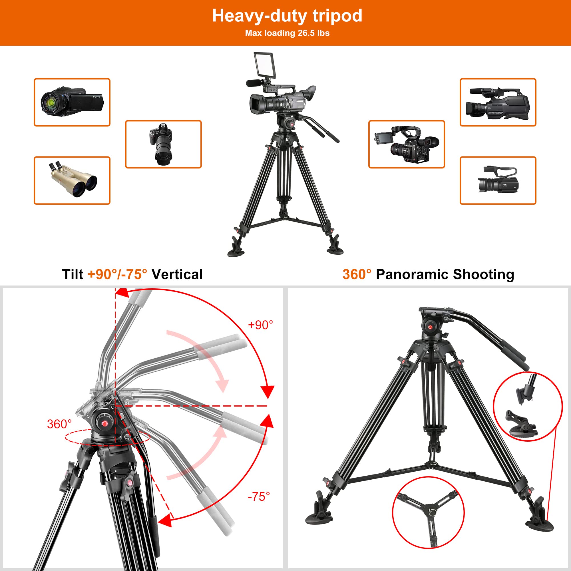 Magicline 65.7 Inch Heavy Duty Aluminum Video Camera Tripod With Fluid Head, 2 Pan Bar Handles, Adjustable Mid-Level Spreader，Qr Plate, Max Load 26.5 Lb For Canon Nikon Sony Dslr Camcorder Cameras