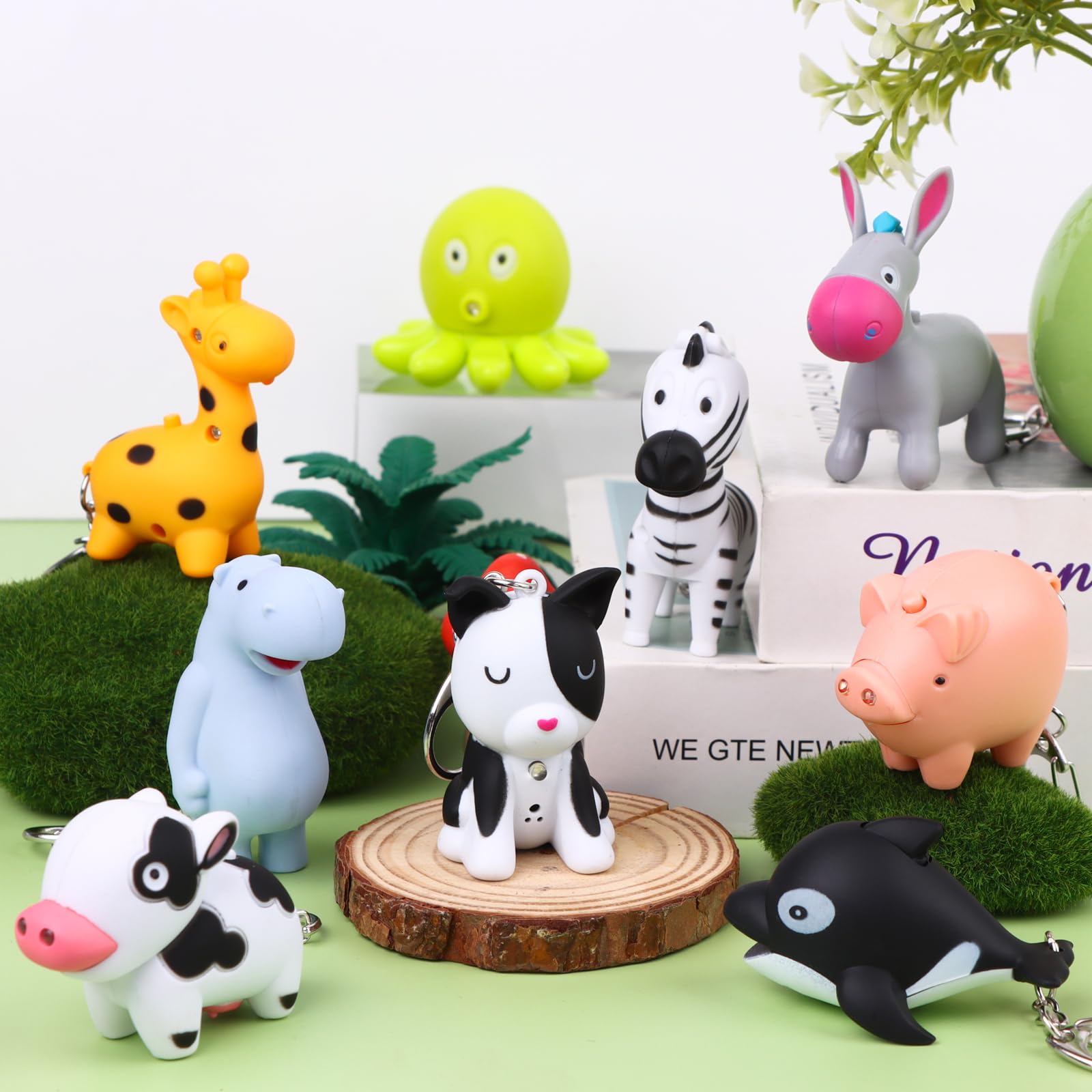 Oppaxf 9 Pcs Animal Flashlight Keychain - Pediatric Nurse Flashlight With Giraffe, Cow, Pig, Hippo, Octopus, Puppy, Horse, Whale, Little Donkey - Badge Reel
