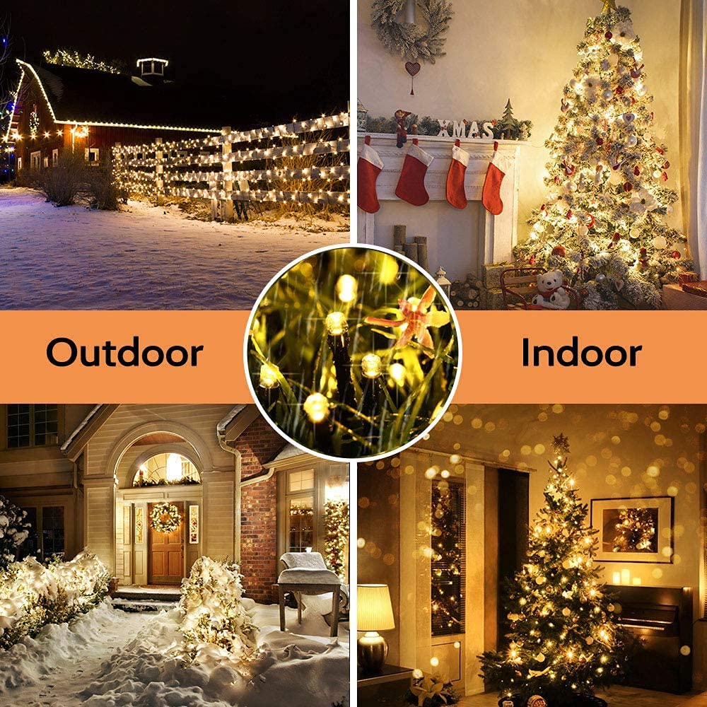 Ishabao Solar Christmas Lights Outdoor, 33Ft 100 Led Solar Fairy String Lights 8 Modes Waterproof Xmas Lights For Garden, Patio, Home, Party, Wedding, Holiday, Tree, Bush, Wreath, Outdoor Decor (Warm White)