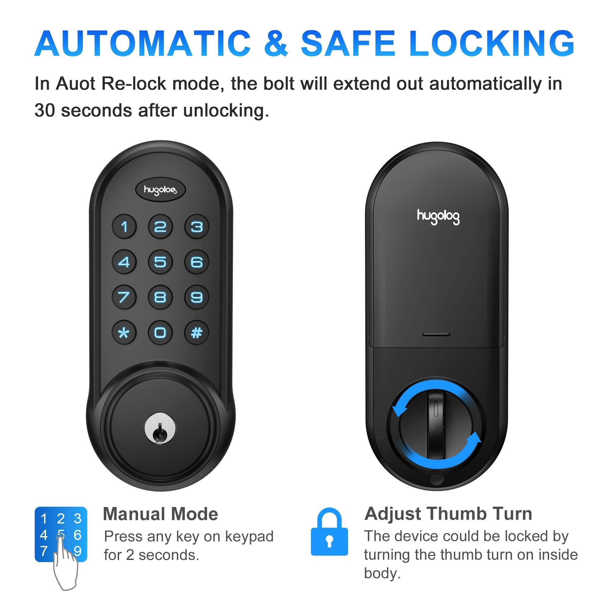 Hugolog Deadbolt Lock Electronic,Keypad Keyless Entry Door Lock Motorized Auto-Locking Easy To Install High Security Material For Metal Home & Office Black