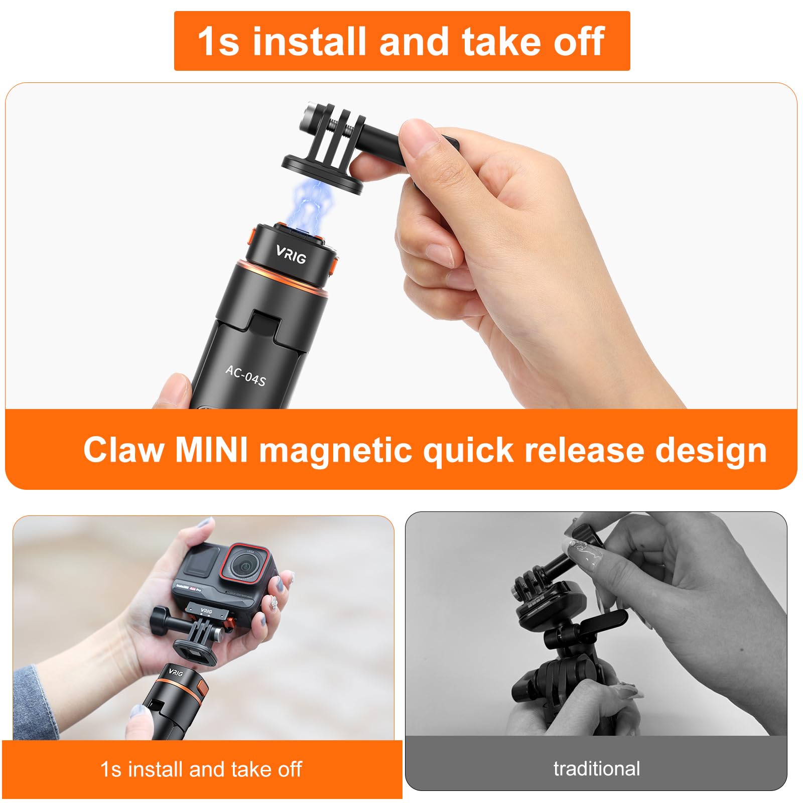Vrig Select Vrig 63" Magnetic Selfie Stick Tripod For Go Pro, Quick Release Extendable Tripod Stand For For Go Pro Hero 13 12 1110 9 8 7 6 5 4 3 2, Fusion, Max, Session, Sjcam, Dji Osmo 5Pro/4/3 Insta 360 X5