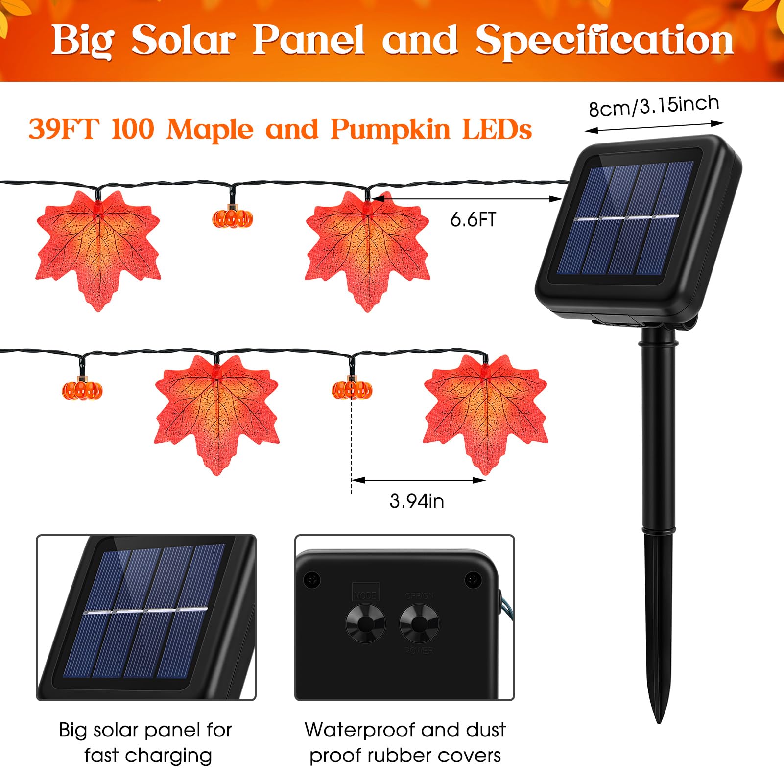 Reyeeinc Fall Solar Lights Outdoor Decorative, 39Ft 100 Leds And 8 Modes Solar Lights Thanksgiving Decorations Outdoor Maple Pumpkin String Garland For Autumn Outside Garden Harvest Party Halloween Decor