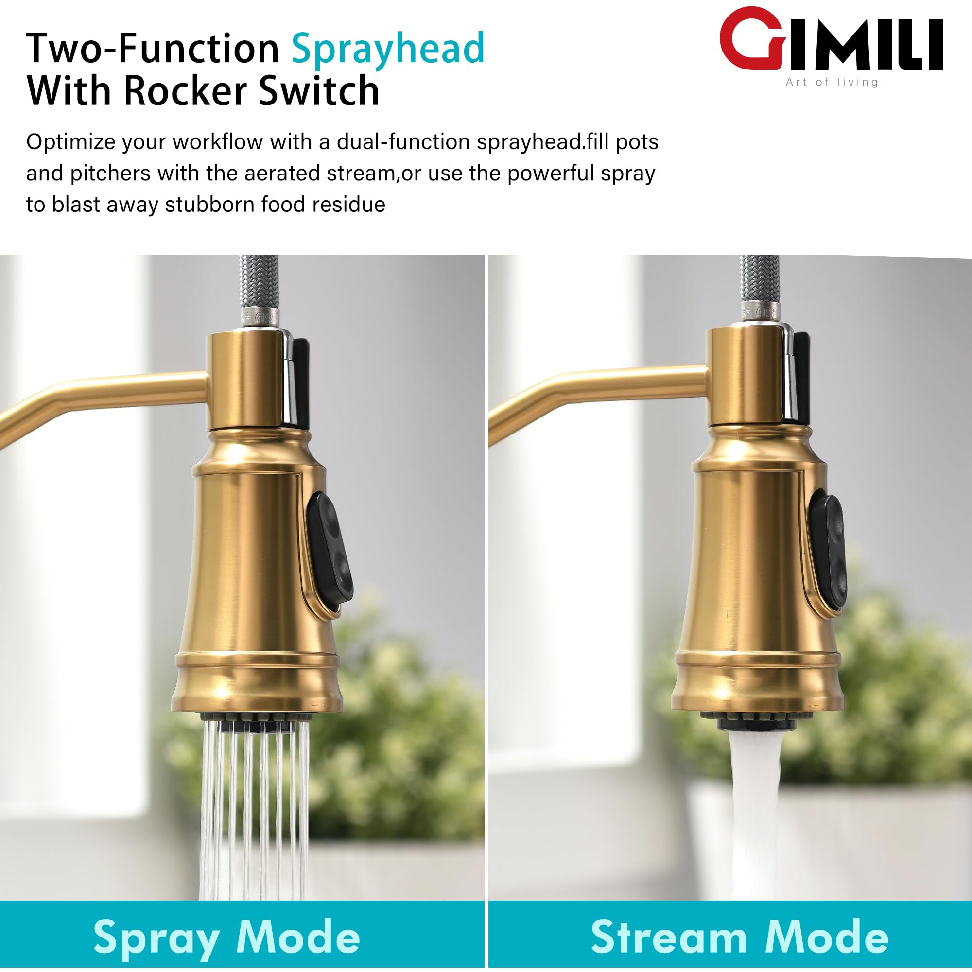 Gimili Gold Touchless Kitchen Faucet With Pull Down Sprayer, Brushed Brass Motion Sensor Smart Hands- Activated Single Hole Spring Faucet For Kitchen Sink