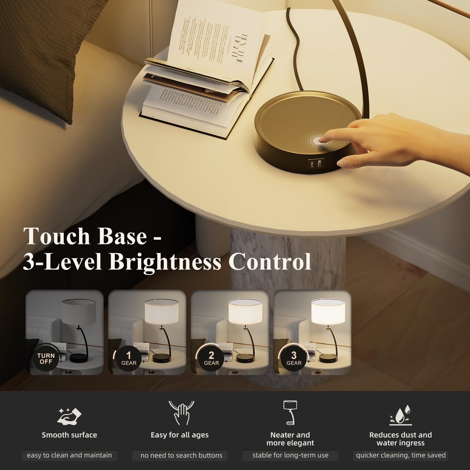 Hymela C07-3 Bedside Table Lamp - 3-Way Dimmable Touch Lamps For Bedroom, Black Nightstand Lamp With Usb C+A Charging Ports, Simple Modern Side Lamps For Living Room, Entryway, Hallway, Bulb Included