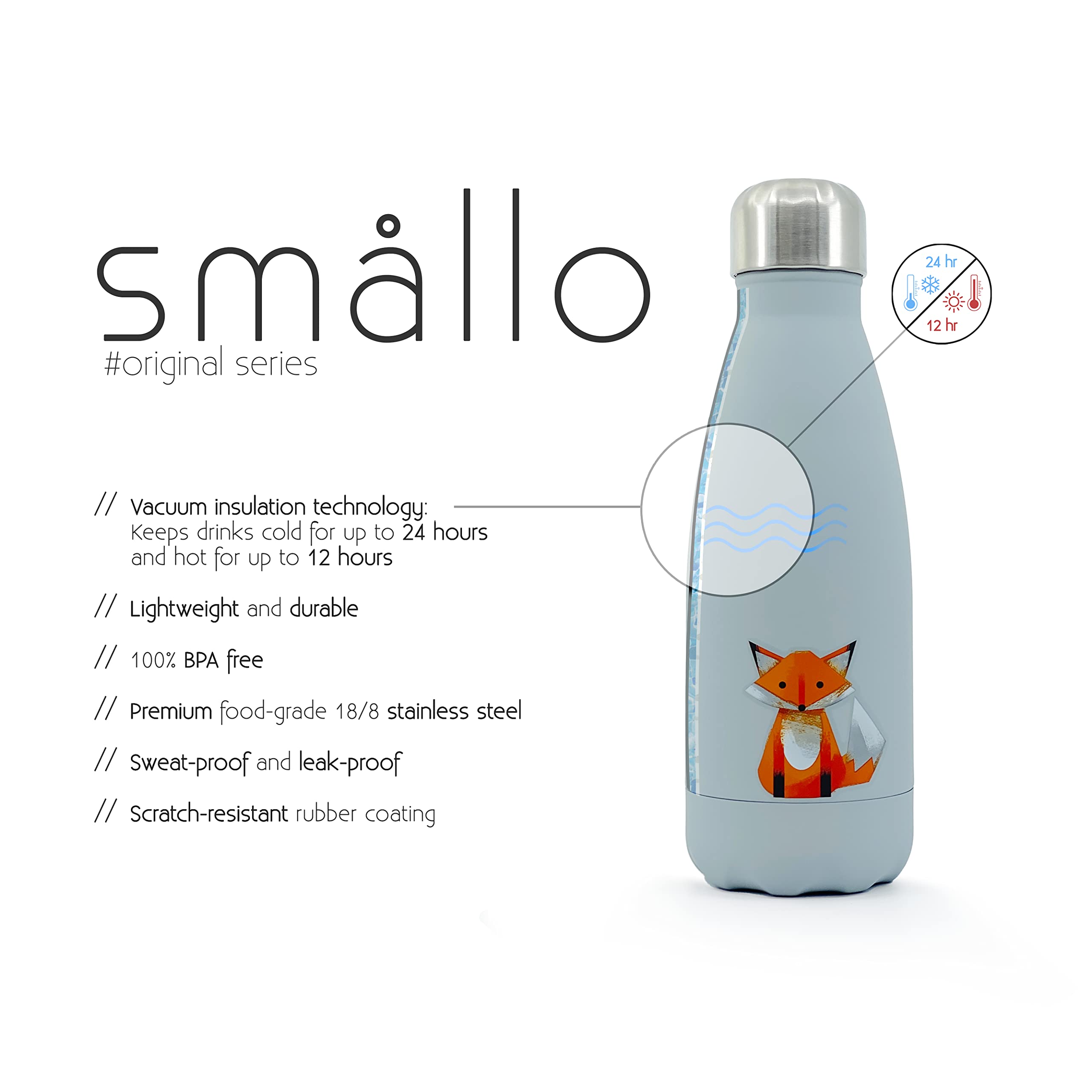 Water Bottle With Cute Fox Design  Stainless Steel  Double Wall Insulated  Grey  12Oz