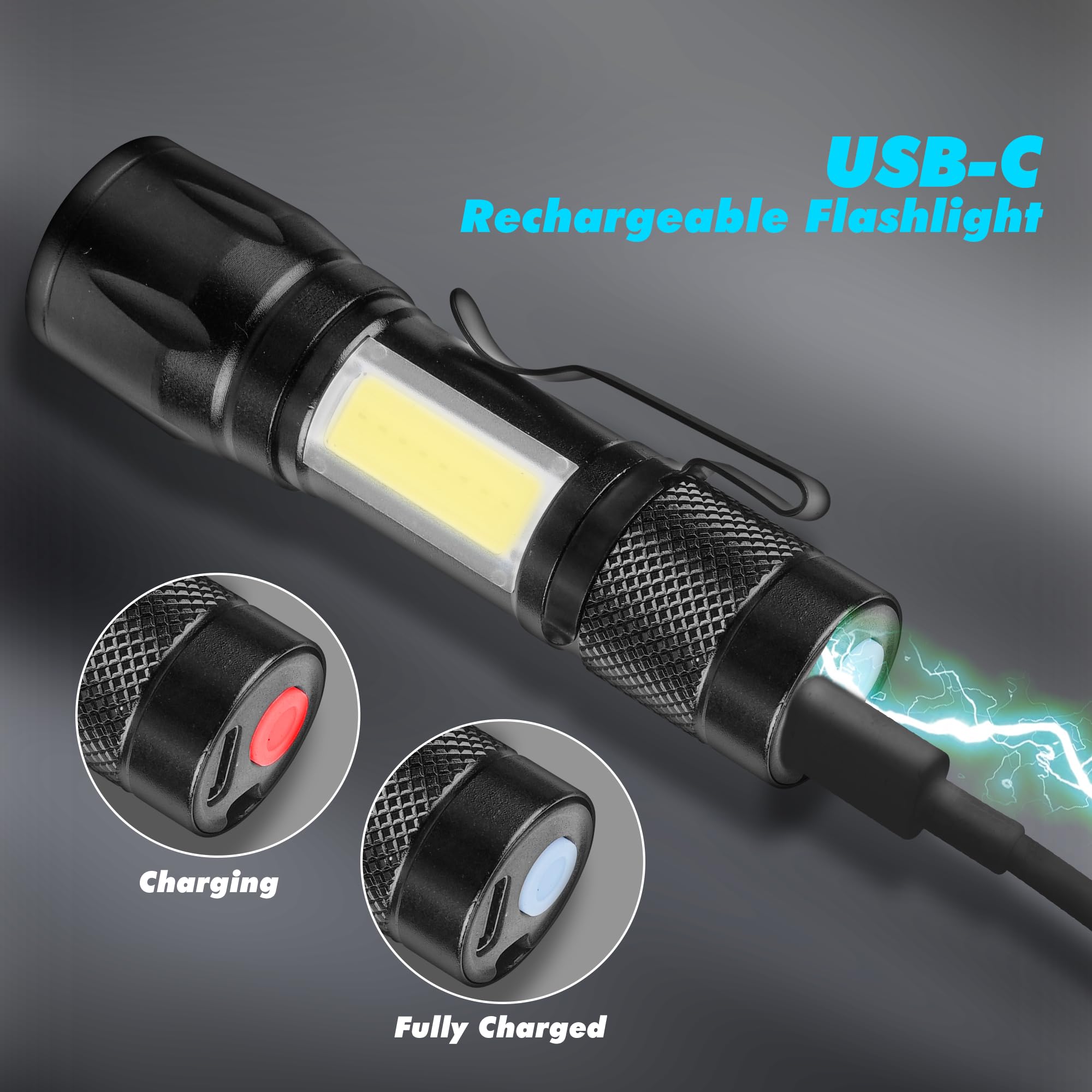 Kunhe Rechargeable Flashlights Usb-C Stocking Stuffers Small Led Lantern Flashlights Bright Clip-On Light Edc Flash Light With Side Cob Light For Camping Home Emergency 4 Pack