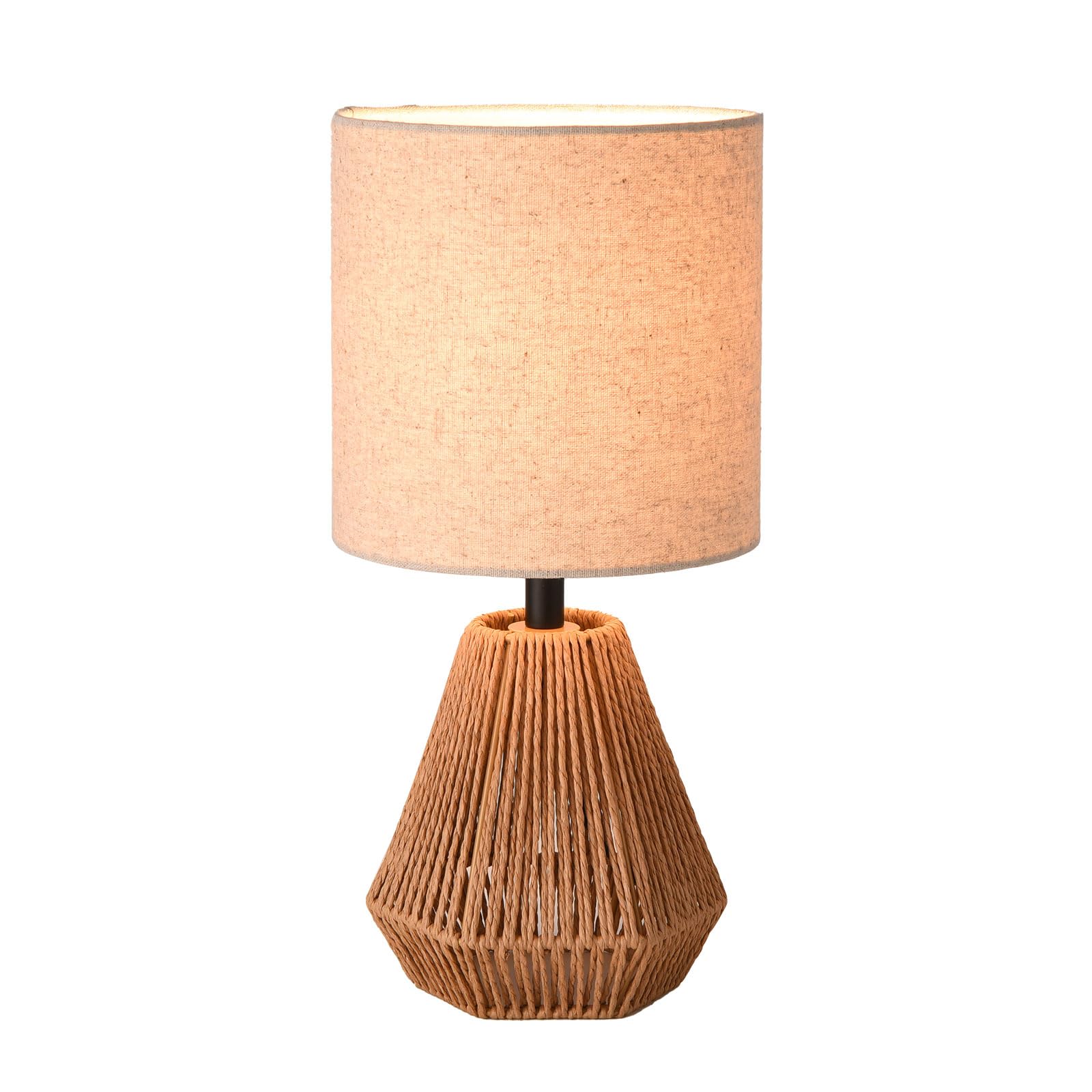 Kunjoulam Rattan Table Lamp, Small Nightstand Lamp With Linen Fabric Lampshade, Desk Lamp For Living Room Home Office