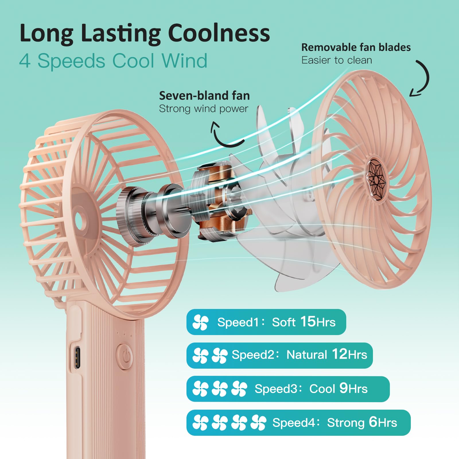 Portable Handheld Fan Pink,Rechargeable Small Personal Fan,15H Max Cooling Time,4 Speeds Battery