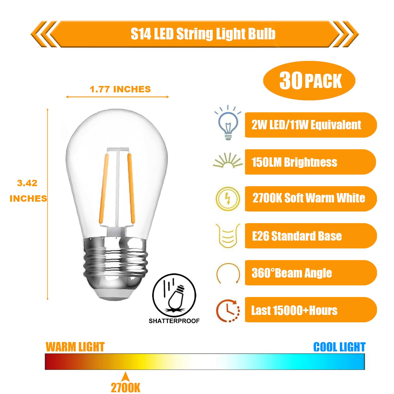 Winsaled Replacement Bulbs For String Lights, 2W S14 Shatterproof Outdoor Led Light Bulbs, 2700K Soft White, E26 Base, 30 Pack