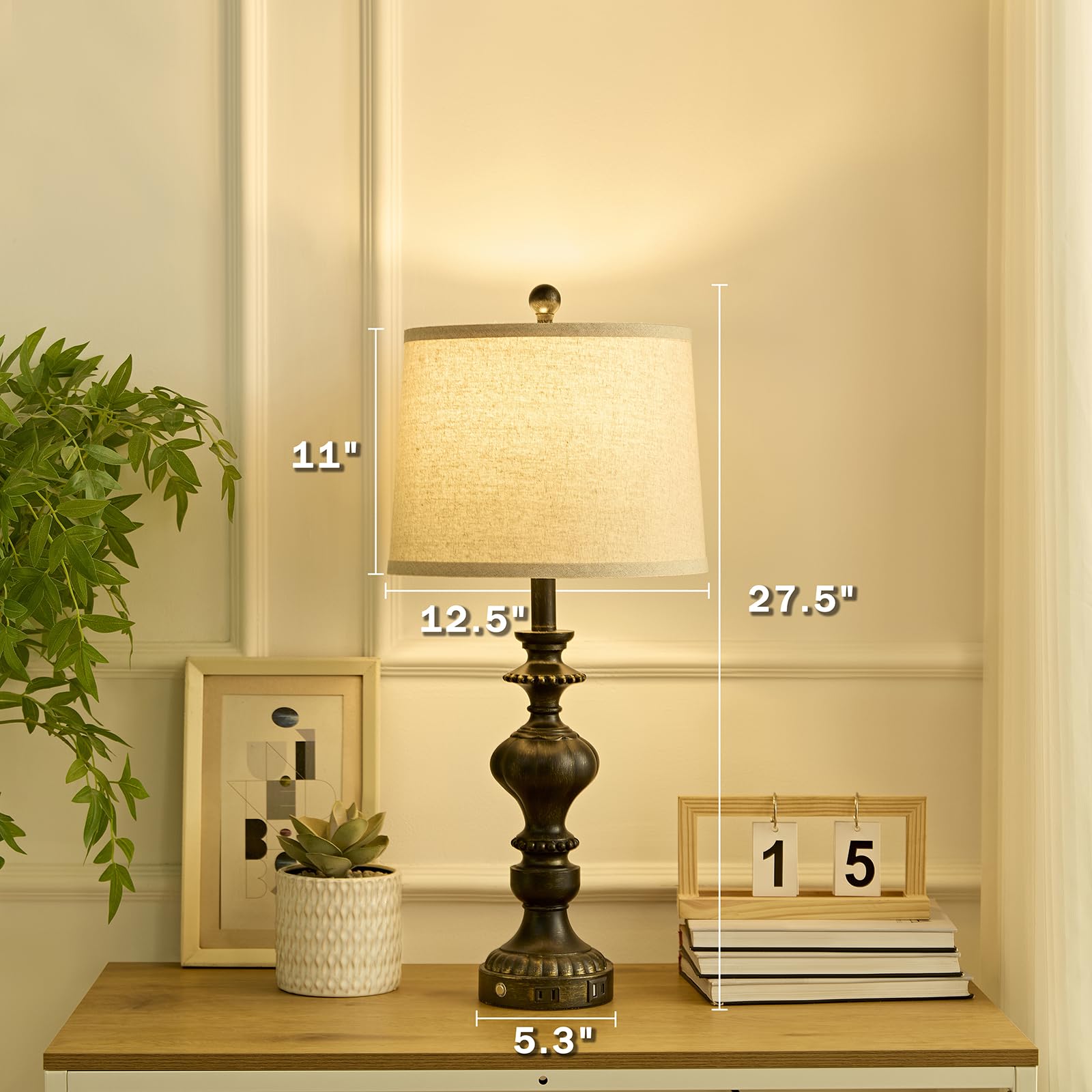 Saiweya 27.5" Farmhouse Table Lamps Set Of 2 Bedside Lamp With Usb C+A Ports & Ac Outlet, 3 Way Dimmable Touch Lamps For Living Room Bedroom Office Hallway Rustic Nightstand Traditional Lamp