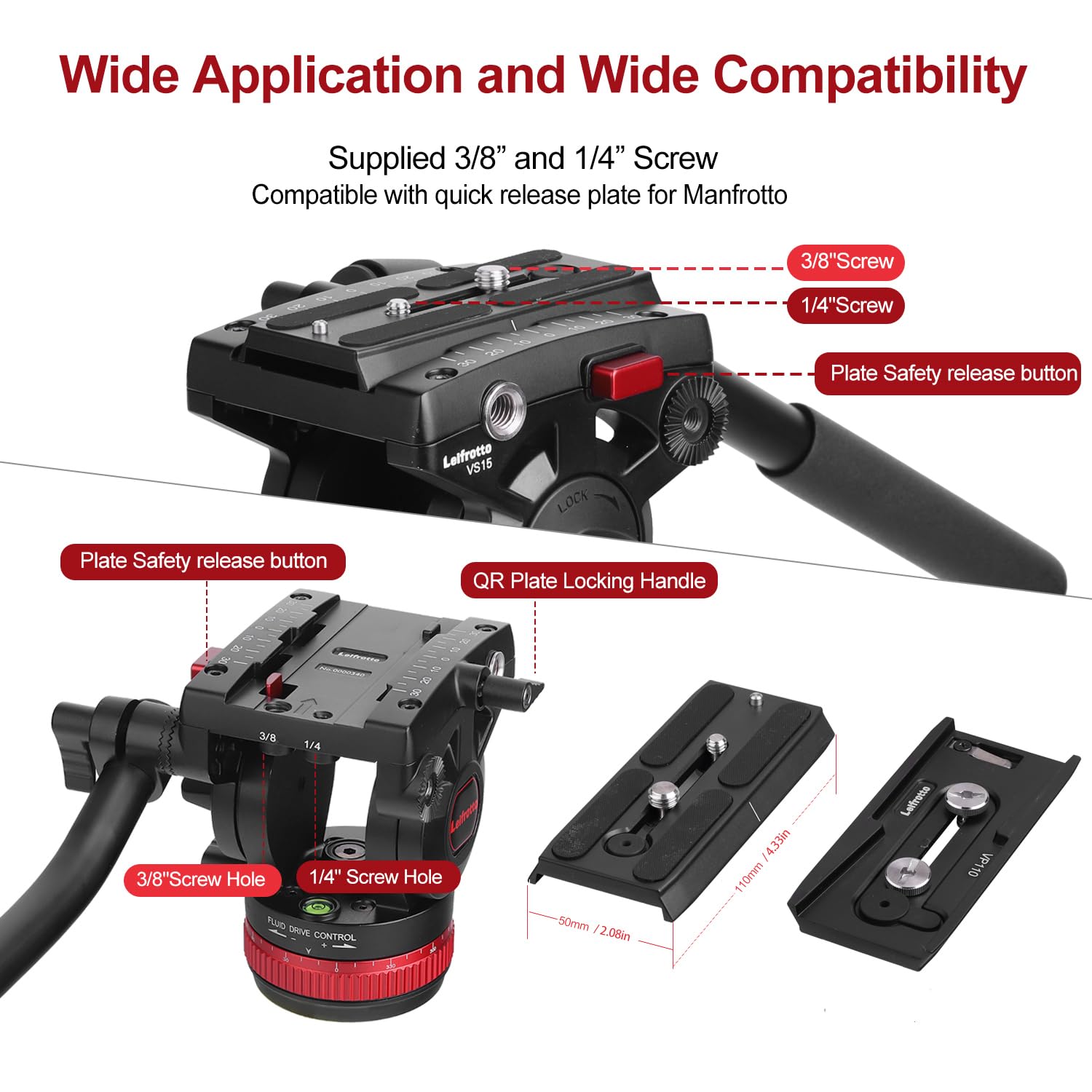 Leifrotto Large Tripod Head 75Mm Base, Vs15 Heavy Duty Fluid Tripod With Handle & Quick Release Plate For Manfrotto Video Head Mount Plate, Max Load 33Ibs, For Video Cameras, Dslr Mirrorless Cameras