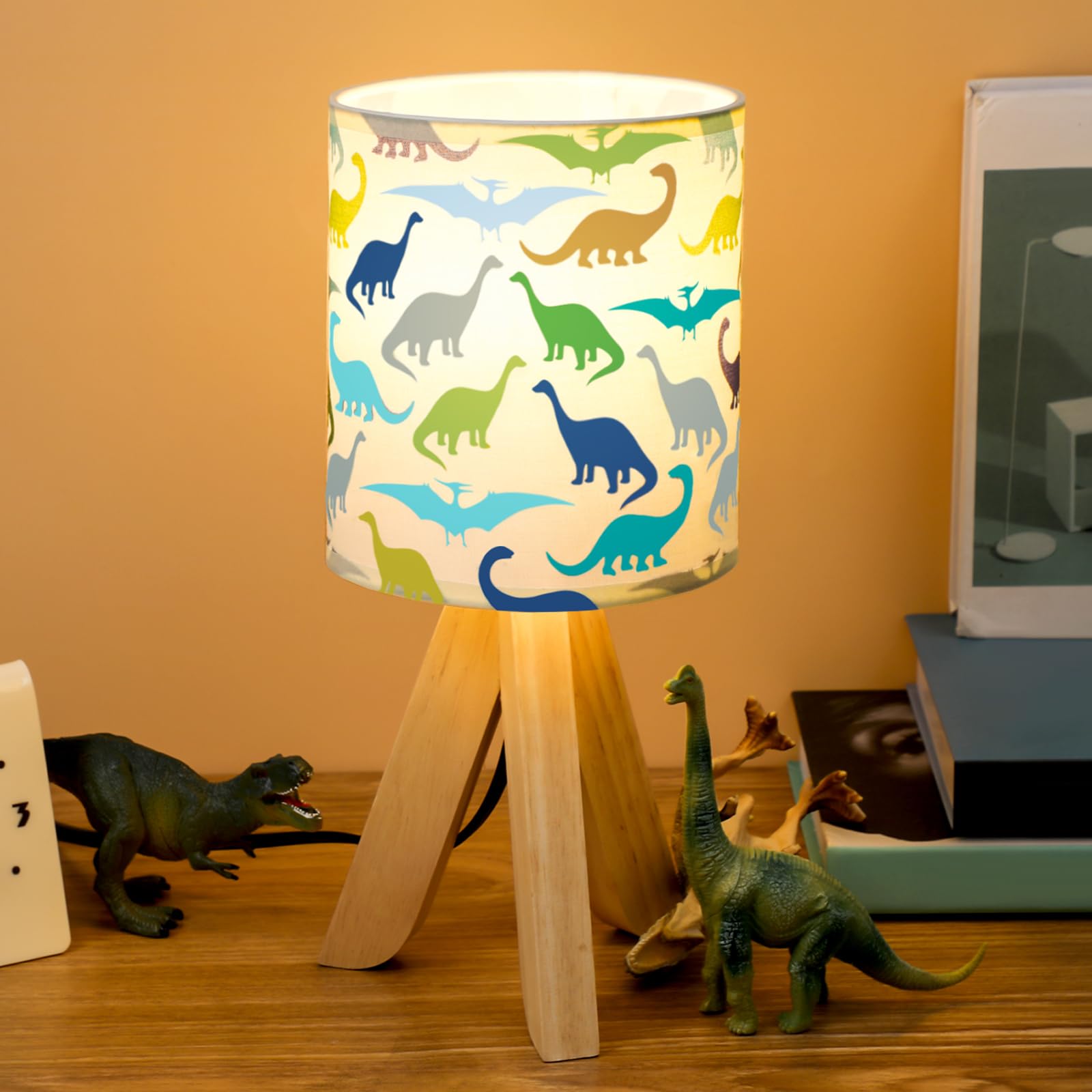 Vihose Kids Table Lamp For Bedroom Kids Bedside Lamp With Linen Wooden Nightstand Lamp Cartoon Nursery Lamp Lampshade For Girls Boys Living Room (Dinosaur)