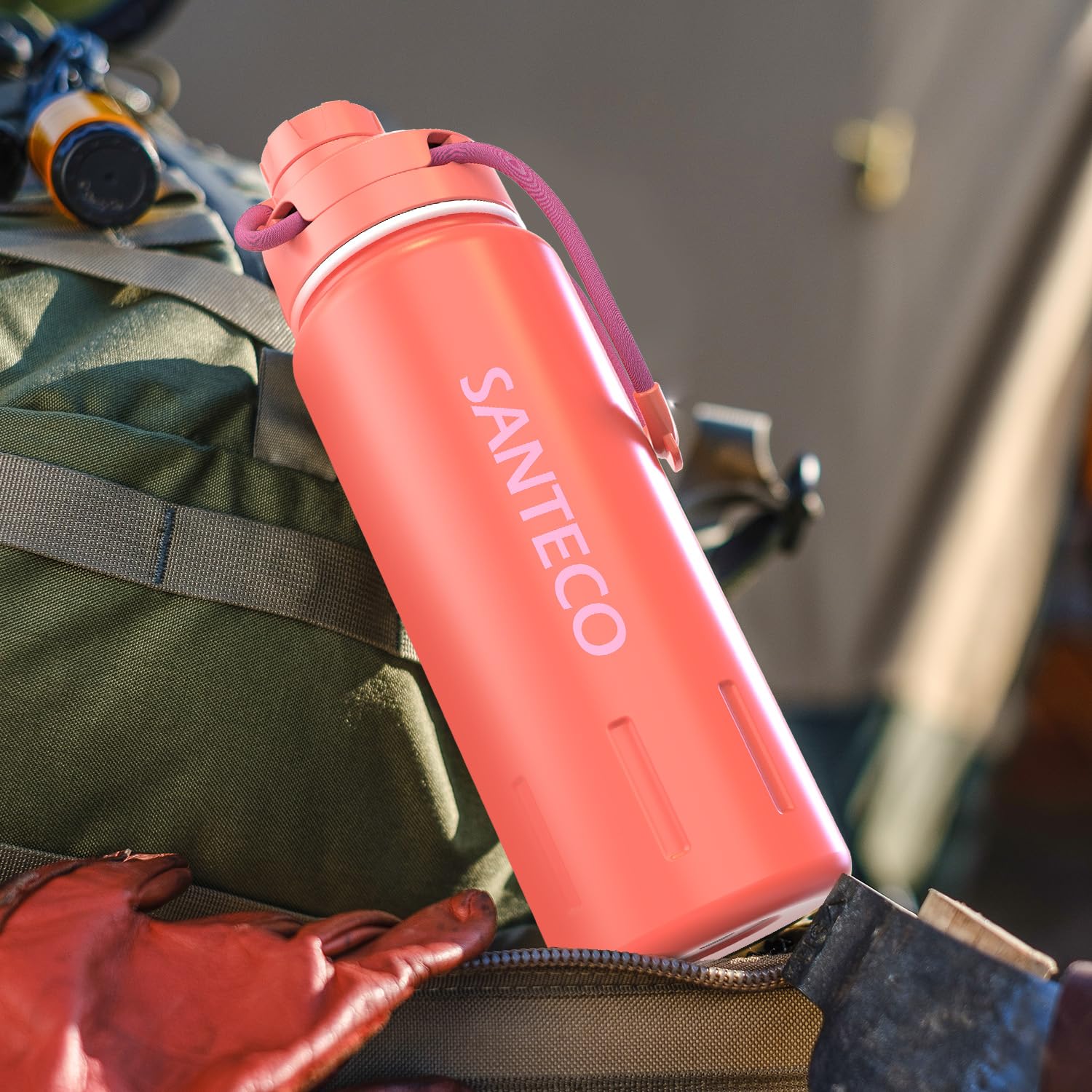 Insulated Water Bottles 24 Oz, Santeco Stainless Steel Bottle With Lanyard & Wide Mouth Spout Lid