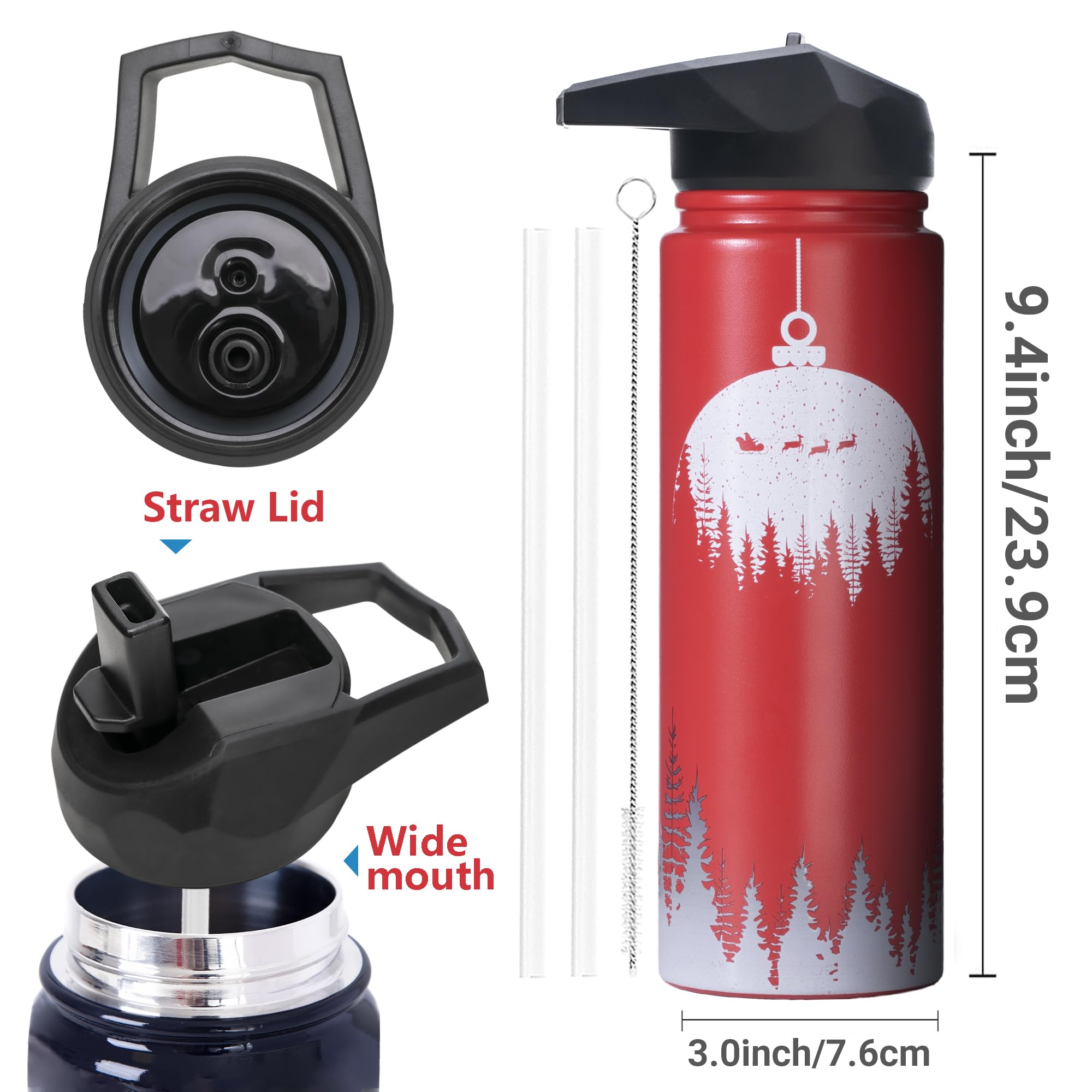 24 Oz Christmas Water Bottle With Straw - Insulated Stainless Steel Reindeer Tumbler For Running
