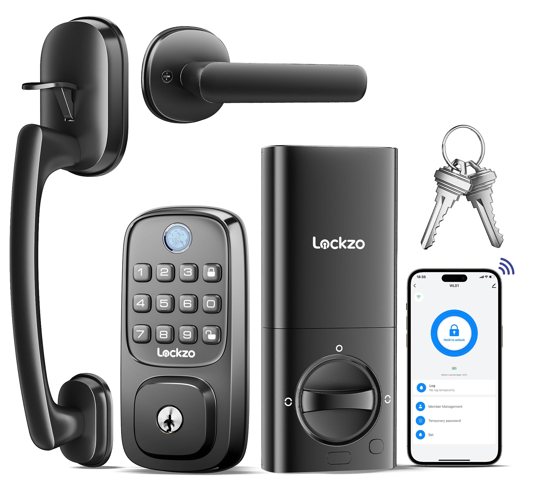 Lockzo Smart Door Lock With Handle, Keyless Entry Door Lock Deadbolt Handle Set, Built-In Wifi Deadbolt Smart Lock For Front, Fingerprint, Keypad Code, App Control, Voice Control