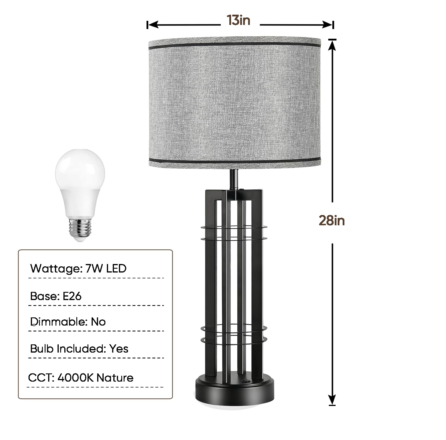 Easebri 27In Tall Table Lamps For Living Room Button Control Farmhouse Rustic Table Lamps Set Of 2 Sidetable Lamps Black&Grey Bedroom Lamps For Bedside Nightstand End Table