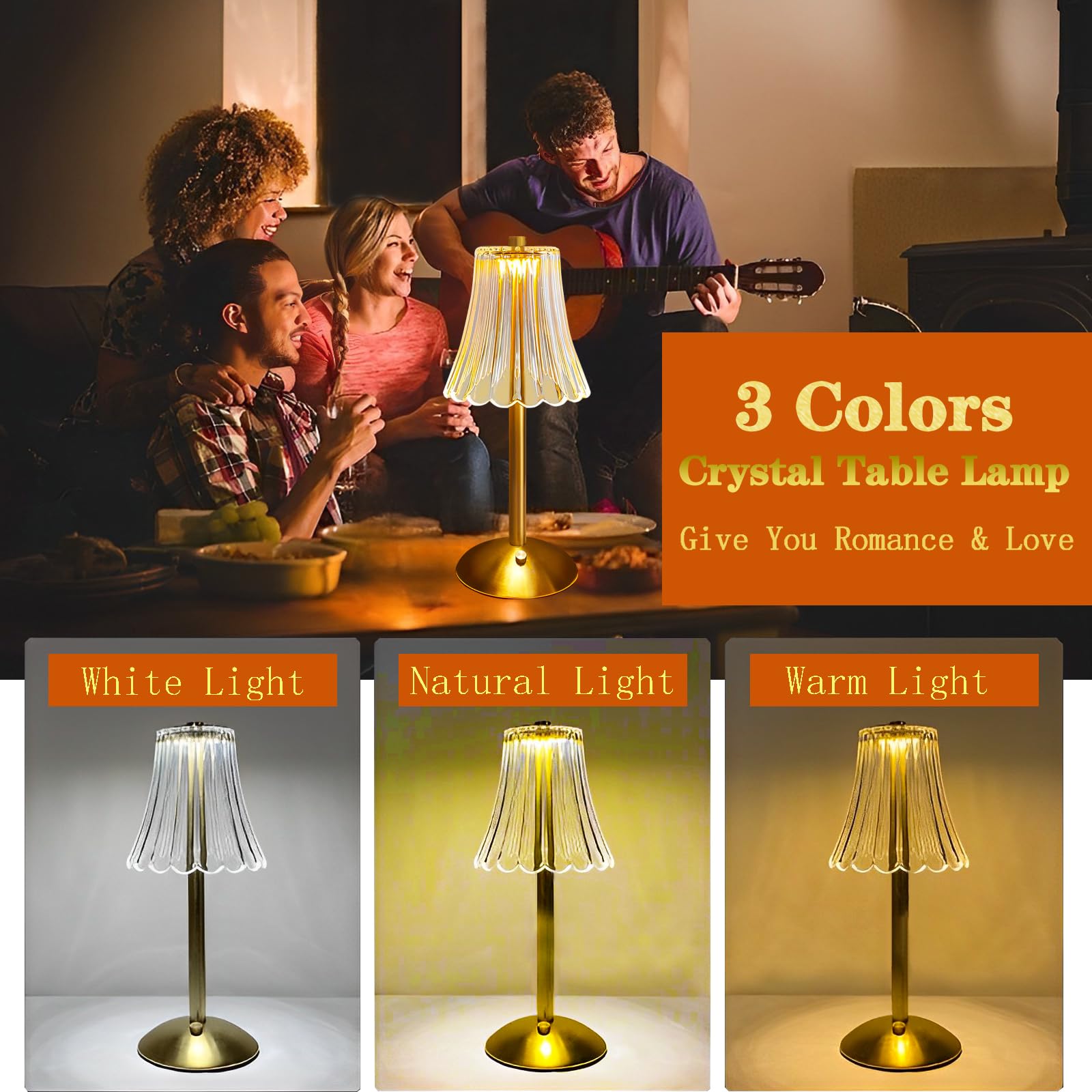 Wtroese For Her, Cordless Table Lamp, Rechargeable Lamp With Touch Control, Mini Battery Operated Lamp With Dimmable + 3 Colors, Touch & Gold, For Room, Kitchen, Bedside, Office