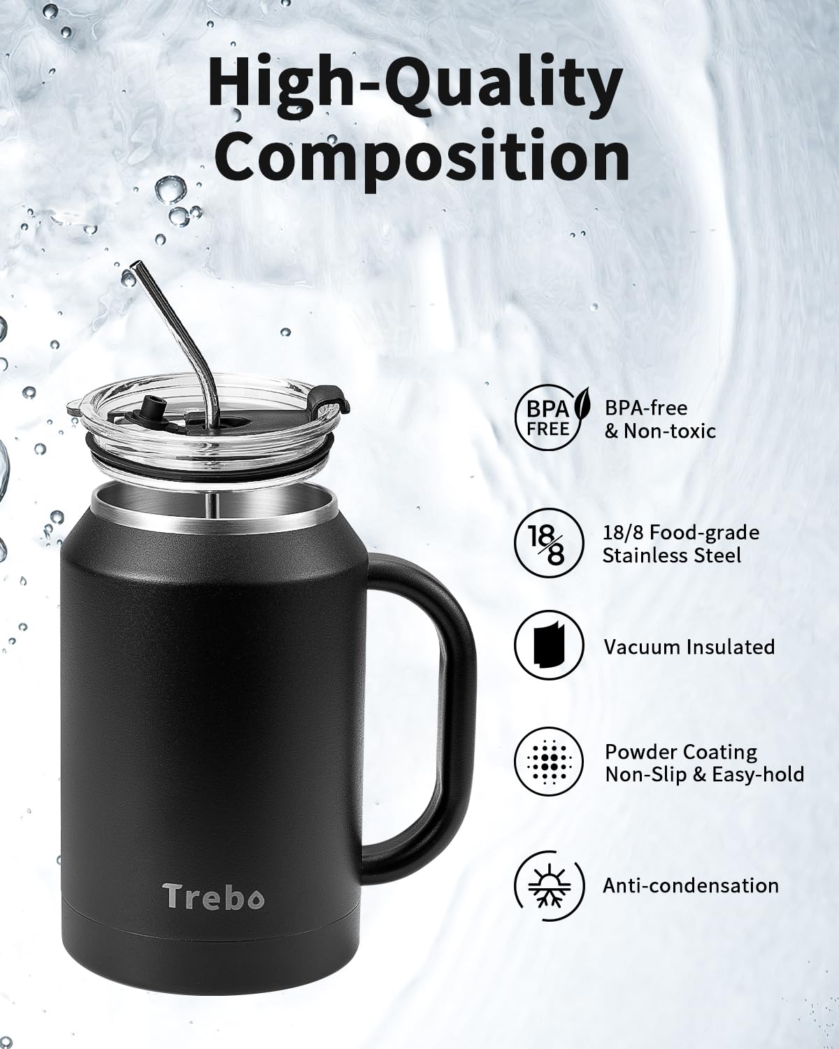 Trebo 32 Oz Stainless Steel Mug Tumbler With Handle, Vacuum Insulated Metal Iced Coffee Cup