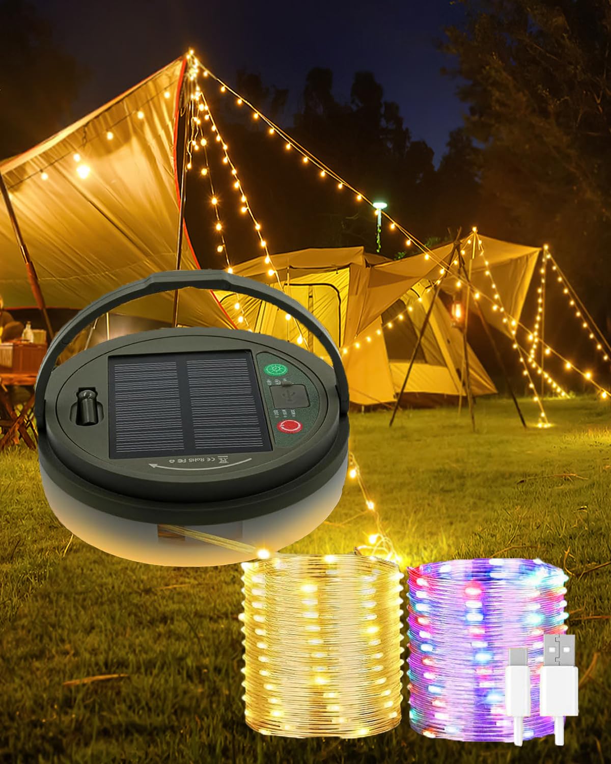 Hsxlxsc Solar Camping String Lights, 4 In 1 Camping String Lights Outdoor With 8 Lighting Modes, Solar Powered/Usb Rechargeable Portable Camping Light For Camping, Yard, Hiking, Tent Rvs, Awning