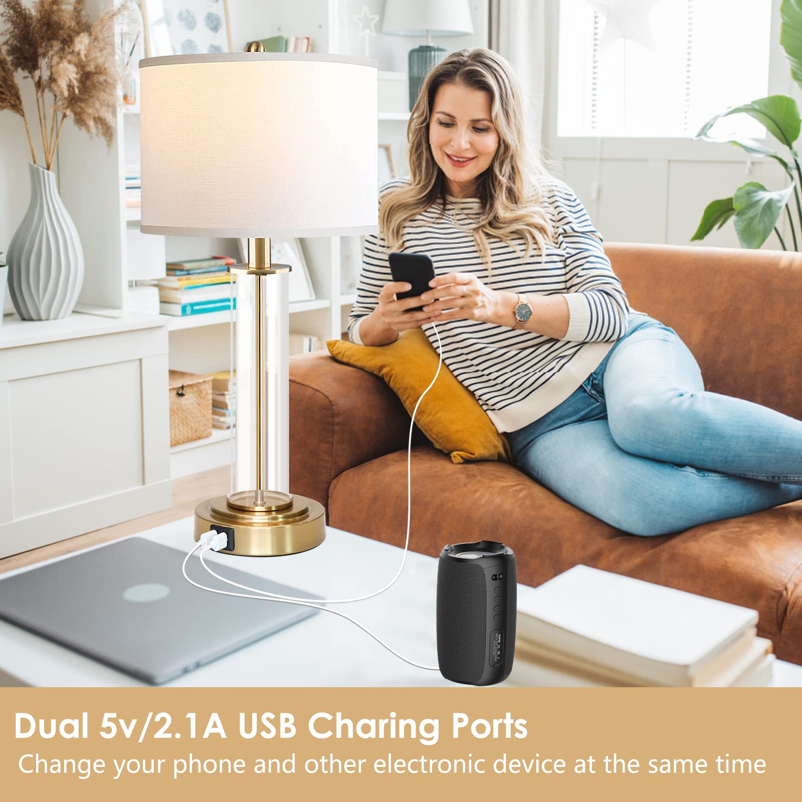 Bdrofn Table Lamps For Living Room,Touch Control Gold Lamps For Bedrooms Set Of 2,Modern Bedside Table Lamp With Dual Usb Ports,Tall Nightstand Lamp With Whites Lampshades (2 Bulbs Included)