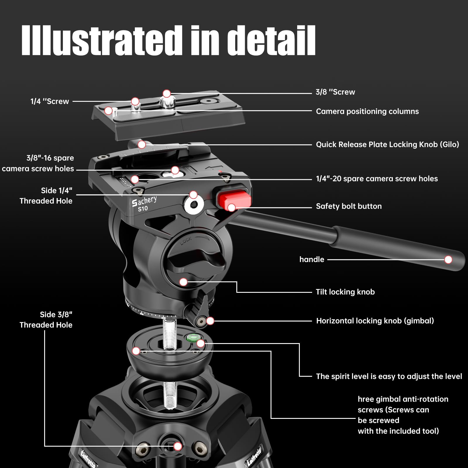Sachery Video Tripod With 360° Fluid Head (Bv185), Heavy Duty Tripod 72.8'' Aluminum Alloy Camera Tripodt, Lift Rope, Load Up To 6Kg/ 13.2 Lbs, Lightweight At Only 6.3 Lbs