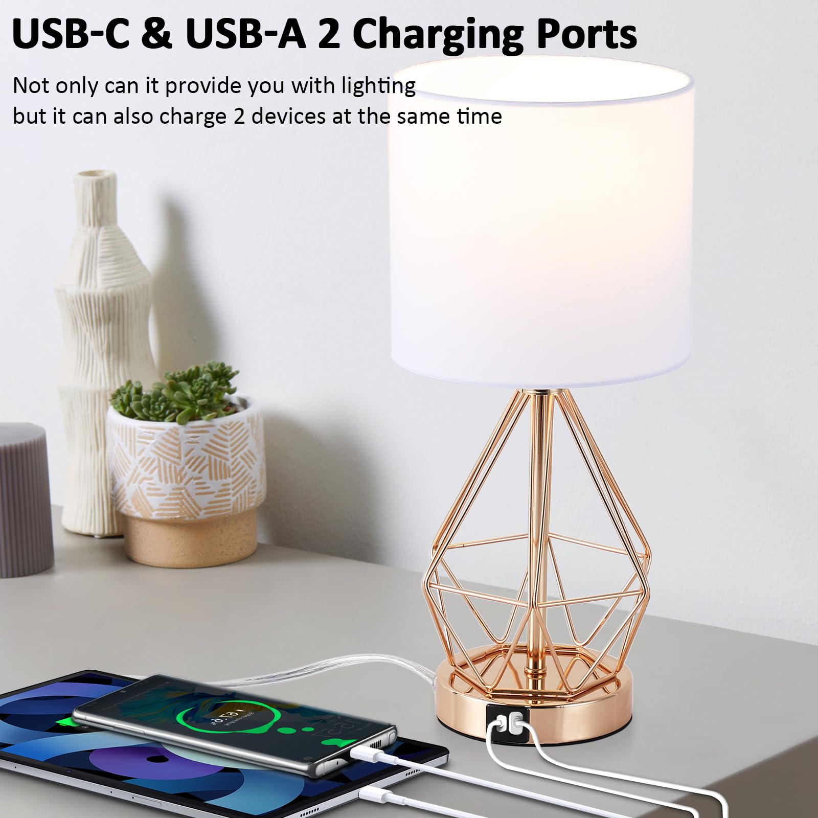 Qhantomize Table Lamp With Usb Port, 3 Way Dimmable Touch Lamps For Nightstand, Modern Small Bedside Lamp With Fabric Shade, Gold Side Table Lamp For Bedroom Living Room, Usb A & Usb C, Led Bulb Included