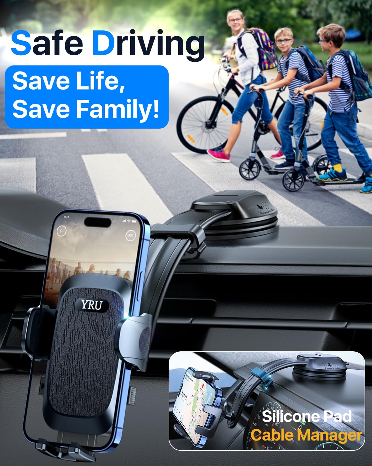 Yru [ Ultimate Car Phone Holder Mount [Bendable & Adjustable Aluminum Arm] Cell Phone Holder For Car Dashboard Windshield Phone Stand For Iphone 16 15 14 13 Pro Max Samsung Pickup Truck, Black