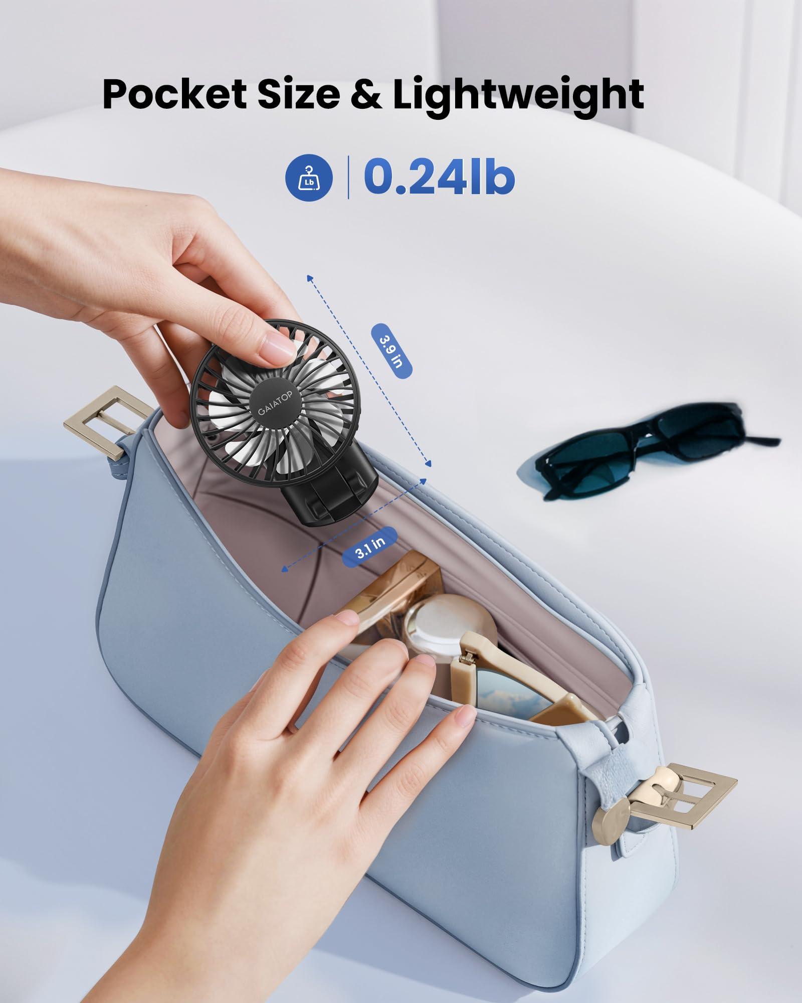 Gaiatop Portable Handheld Fan, 180°Foldable For Desk, 6.5H Max Lasting, 3 Speed Setting, Small