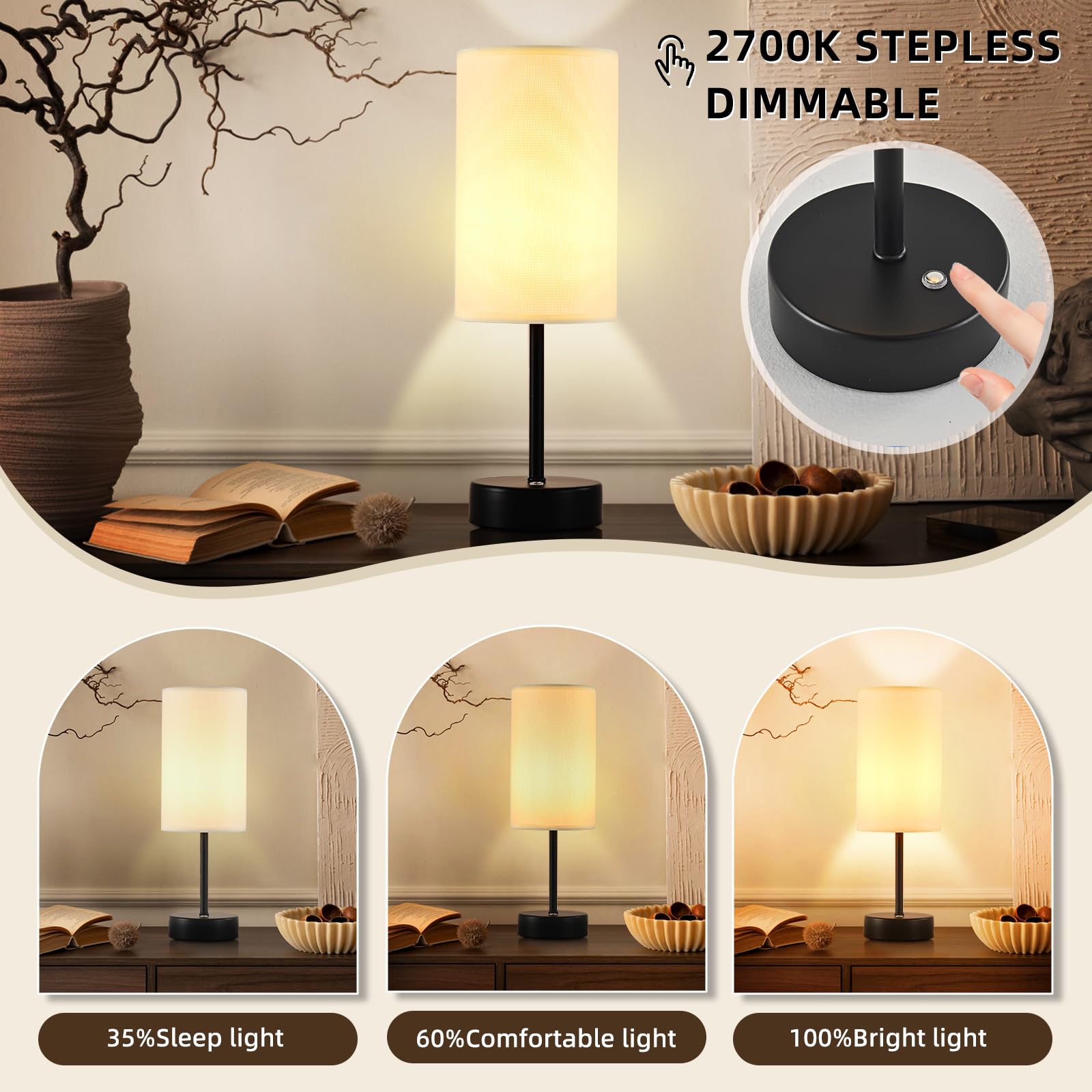 Oofaybill Cordless Table Lamp, Built-In 5000Mah Rechargeable Table Lamp Cordless, 3-Level Brightness Battery Powered Lamp, Wireless Lamp With Memory Function For Dining Room, Bedroom (Black 01)