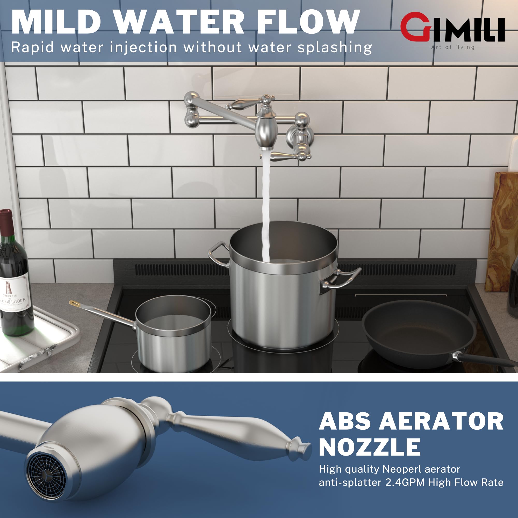 Gimili Pot Filler Brushed Nickel Kitchen Sink Pot Filler Faucet Wall Mount Kitchen Faucets Over Stove Faucet Brass Folding Faucet With Double Joint Swing Arms