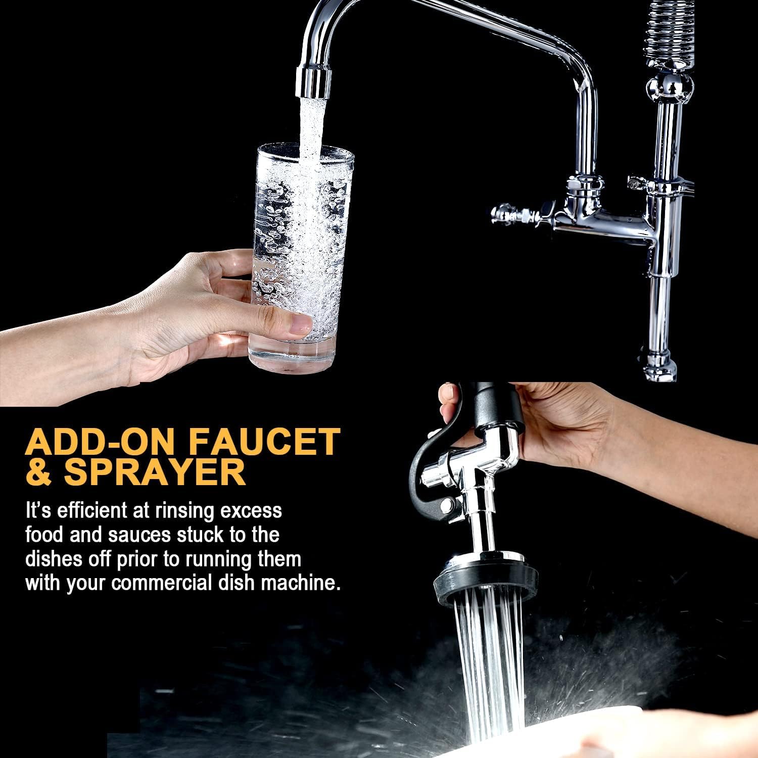 Palukia Commercial Sink Faucet Wall Mount With Sprayer 26" Height, 12" Swing Spout 8" Adjustable Center Wall Mount Faucet With Pull Down Pre-Rinse Sprayer Brass Constructed For 1/2 Compartment Sink