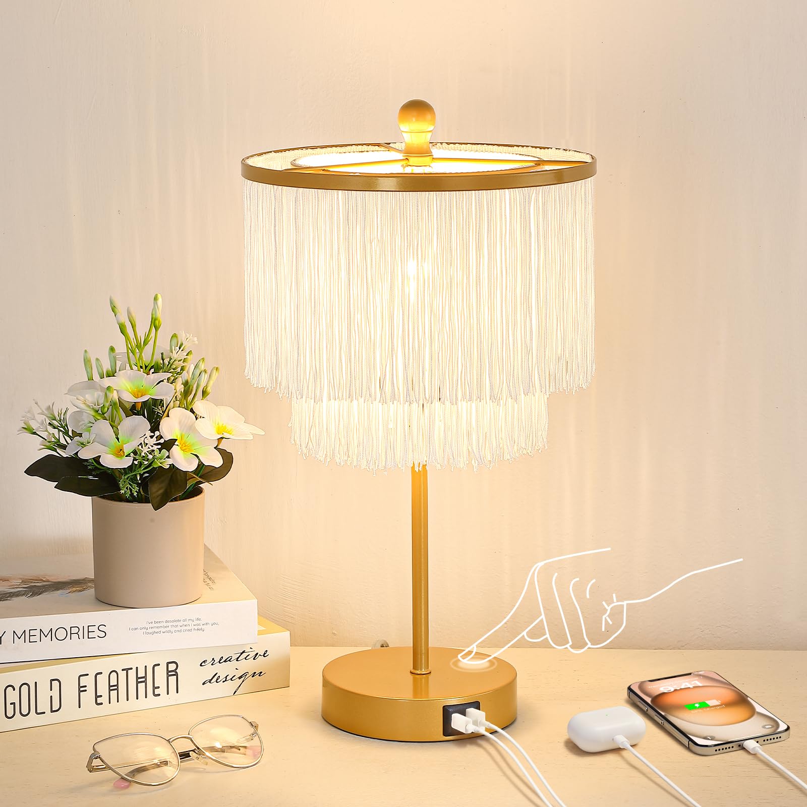 Lovlast Boho Lamp For Bedroom, 3-Way Dimmable Bedside Touch Lamp With Usb Charging Port, Gold Table Lamp, Fringe Boho Table Lamp For Living Room, Teens Room, Dresser, Nightstand, Led Bulb Included