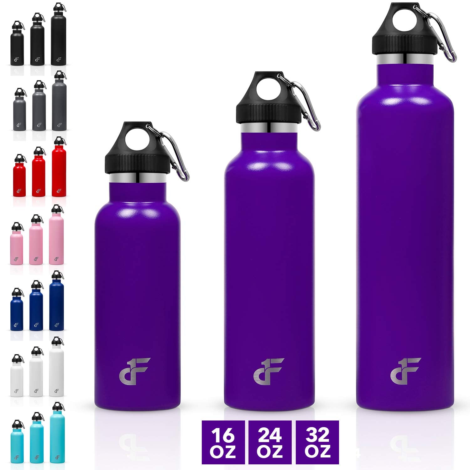 Day 1 Fitness Stainless Steel Water Bottle Standard Mouth, Carabiner Clip (16, 24, Or 32Oz) 3 Size