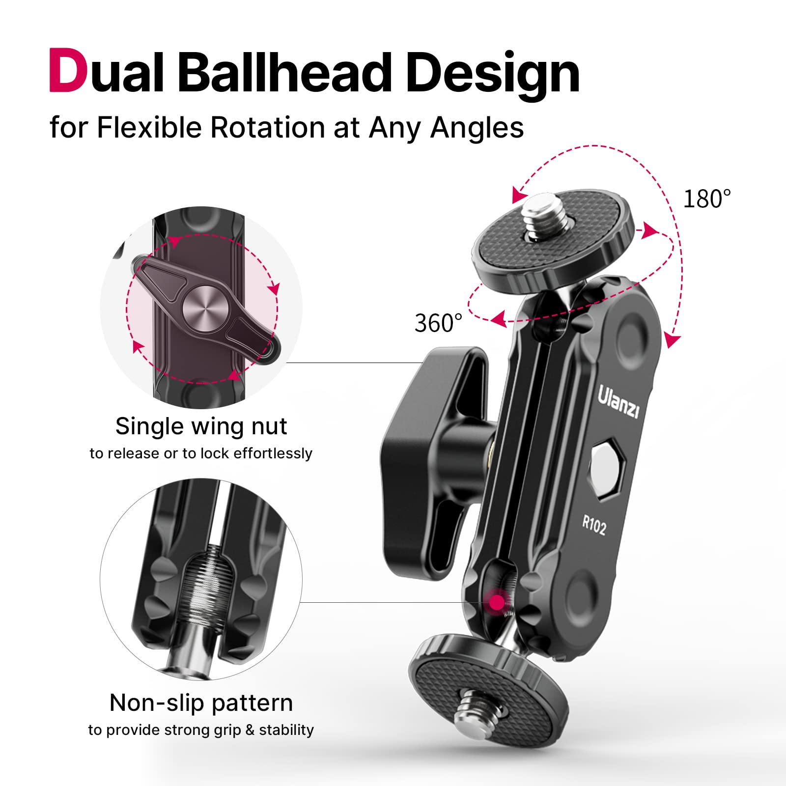 Ulanzi Magic Arm With Double Ballhead 1/4" Screw, Compatible With Universal Monitor Mount For Camera, Video Shooting Photography Accessories Microphone Fill Light Bracket