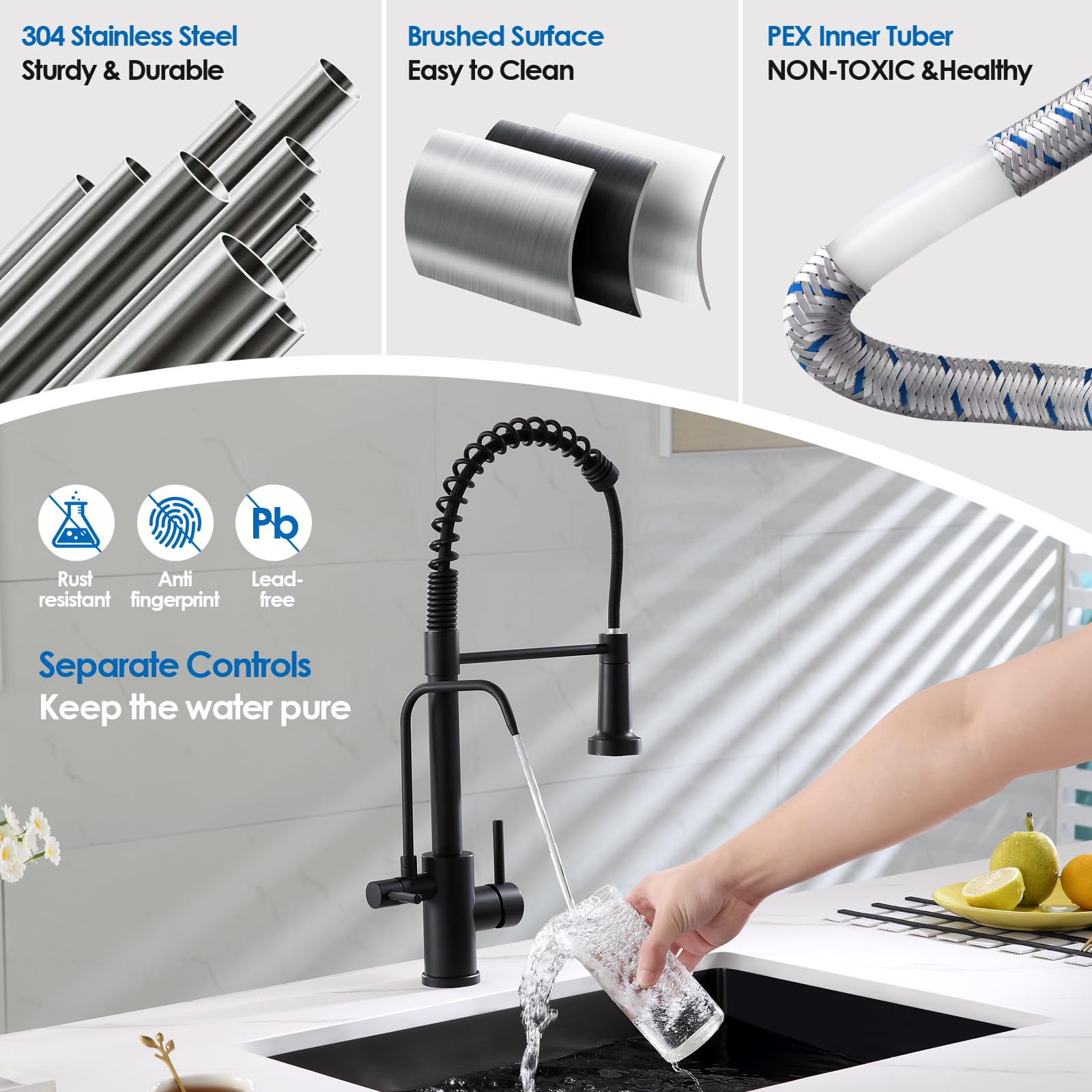 Ougoo 3 In 1 Kitchen Faucet With Drinking Water Faucet, 2 Handle Pull Down Kitchen Sink Faucet Water Filter Purifier Faucets, Black
