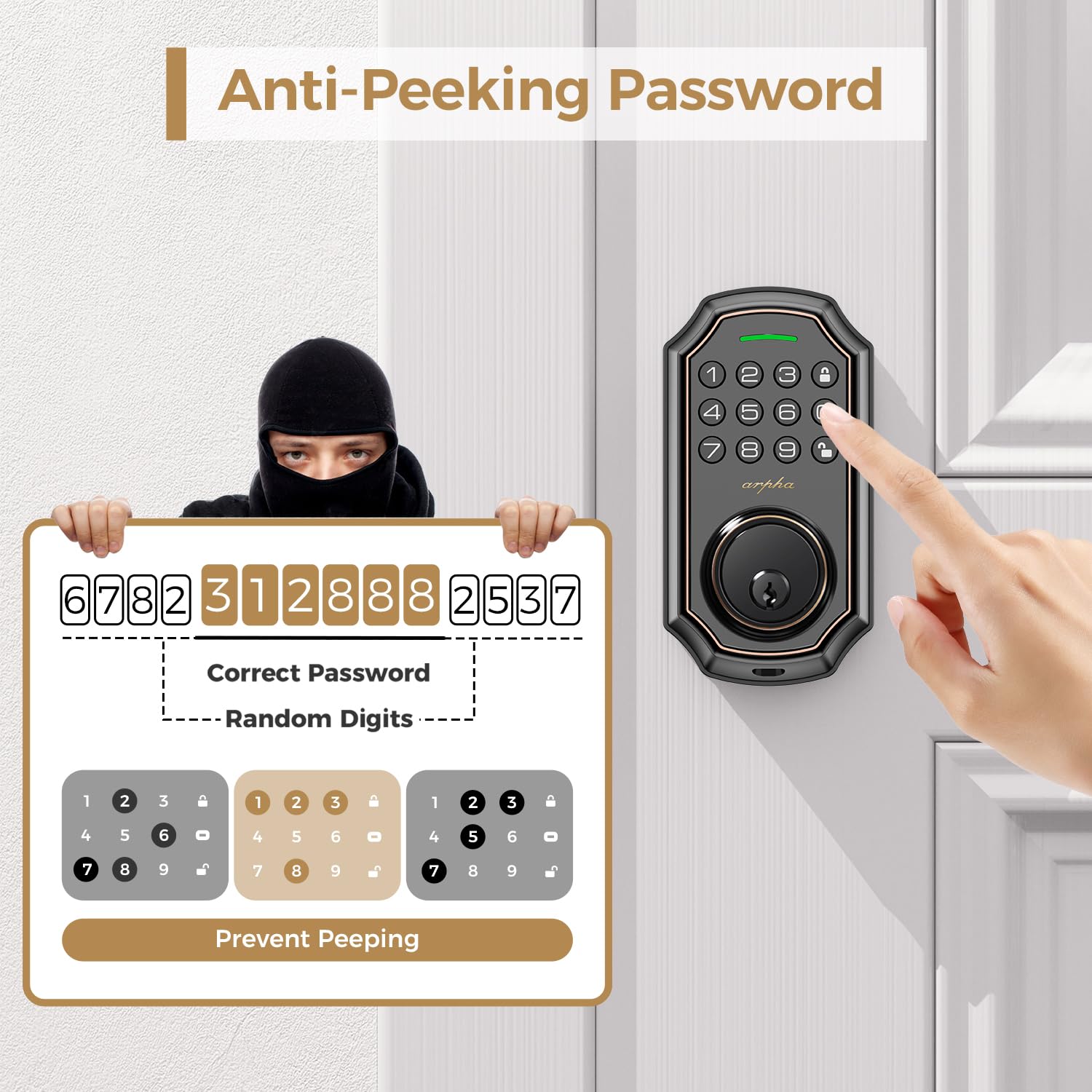 Arpha Keyless Entry Door Lock, Wifi Smart Keypad Front Door Deadbolt, Supports  Alexa Voice Control, Google Assistant, Online App Control, Anti-Peeping Password, One-Time Code, Auto Lock