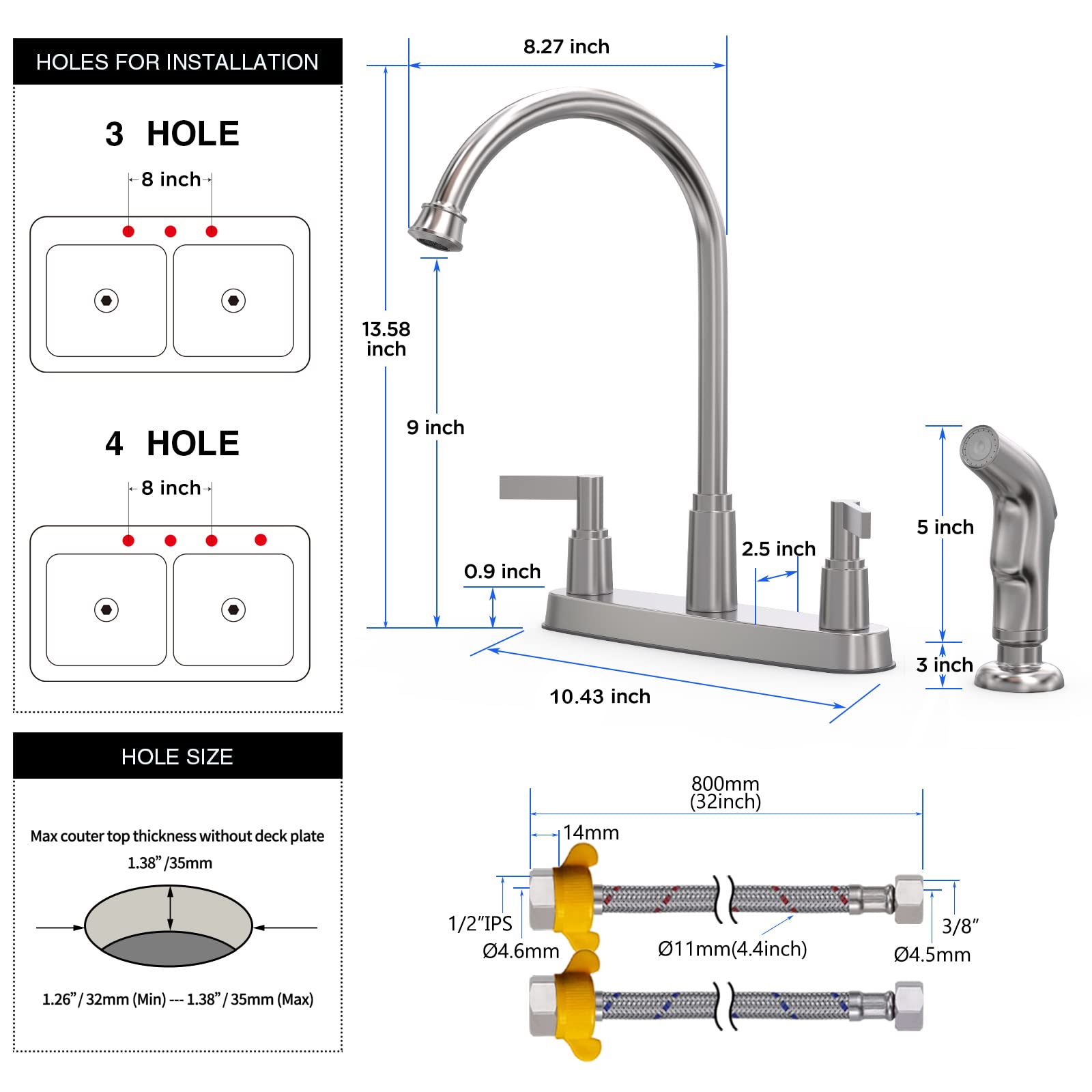Gowin Kitchen Faucet With Side Sprayer,2 Handle Kitchen Sink Faucet，Kitchen Faucets For Sink 3 Hole Or 4 Hole,High Arc Stainless Steel 8 Inch Centerset (Brushed Nickel)