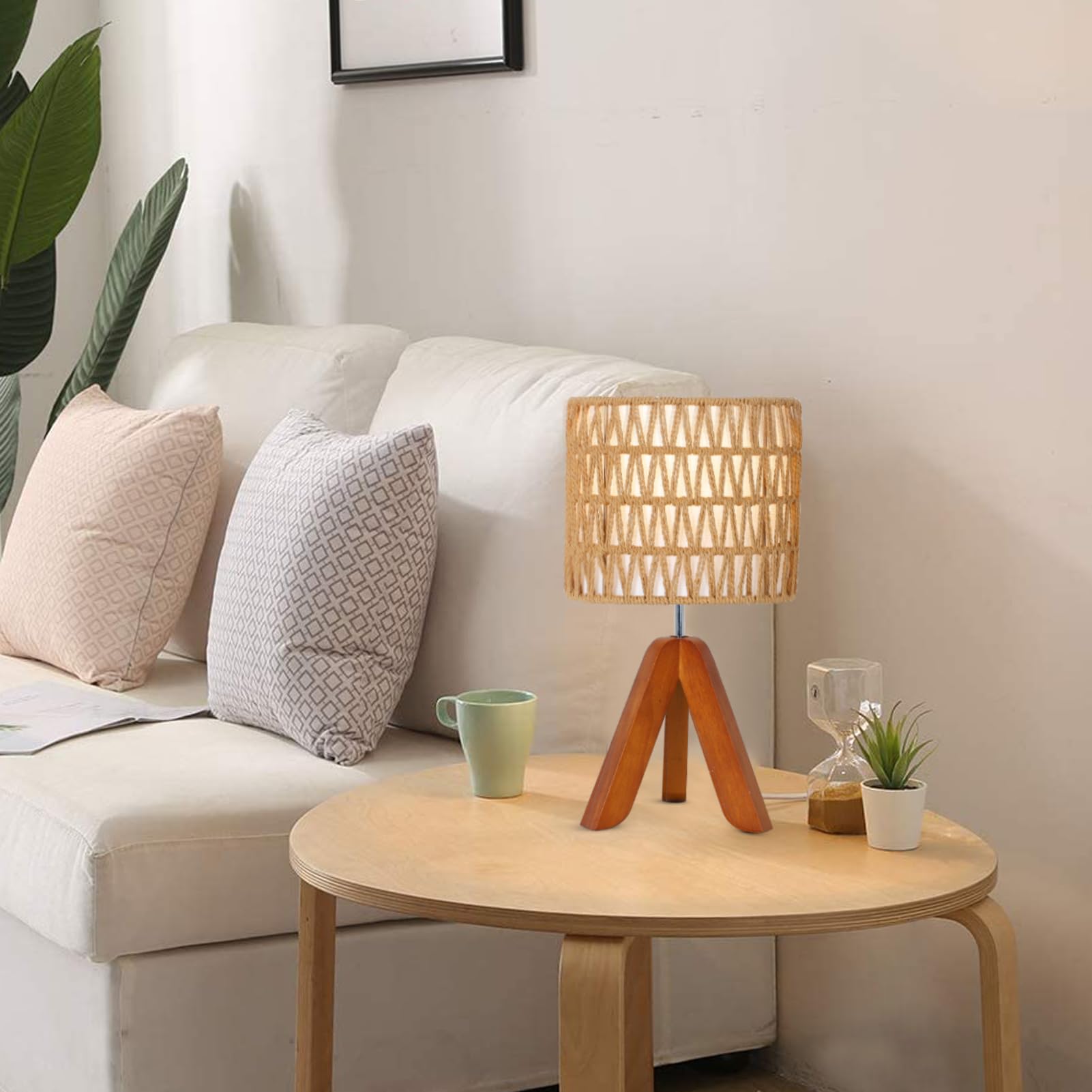 Eayaya Tripod Table Lamp With Bulb, Small Boho Desk Lamp For Bedroom With Rattan Fabric Lampshade, Cute Bedside Lamp For Night Stand, Mini Side Table Lamp For Living Room, Rattan Nightstand Lamp, Tripod Lamp