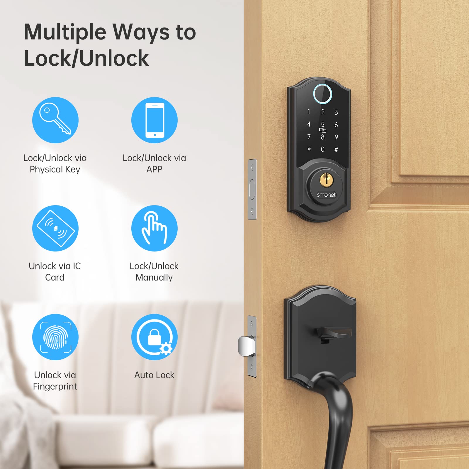 Smonet Smart Lock,Smart Locks For Front Door,Fingerprint Smart Deadbolt 8-In-1 Keyless Entry Digital Passcode Key Fob Bluetooth Electronic Keypad Deadbolt Easy To Install