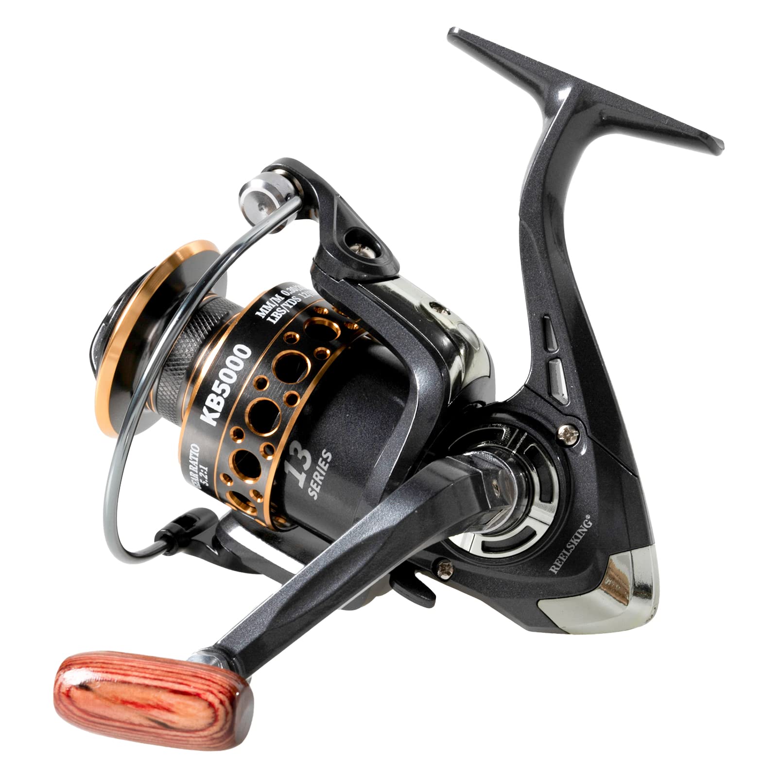 Khui-Uah Kuifa Spinning Fishing Reels With Left/Right Interchangeable Collapsible Wood Handle Powerful Metal Body 5.2:1 Gear Ratio Smooth 13Bb Cnc Aluminum Spool For Saltwater Freshwater (6000)