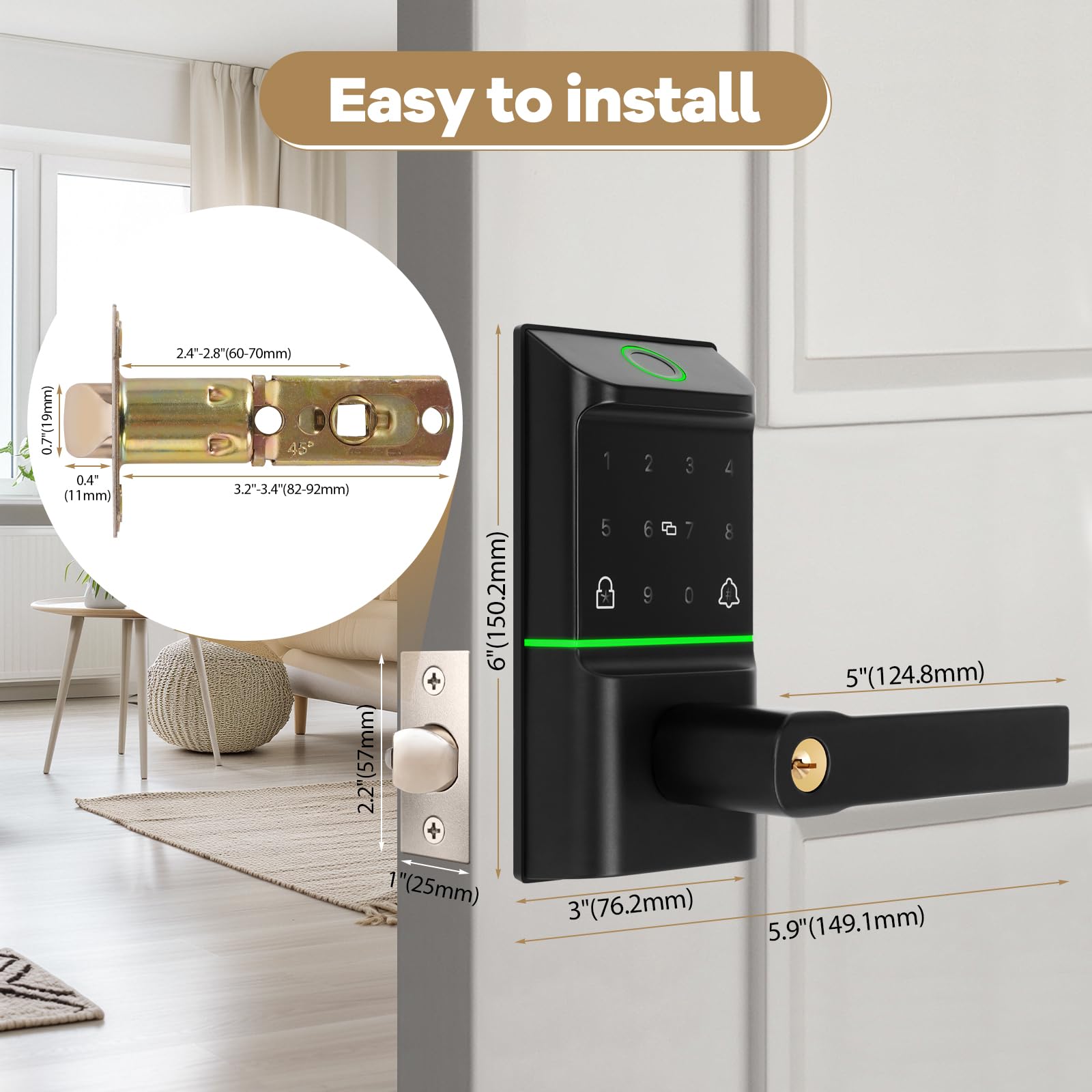 B Bamberg Bamberg Keypad Smart Door Lock With Handle: Keyless Entry Deadbolt - Fingerprint & Keypad Door Lock For Front Door - Key & Ic Card Access - Remote Control Via App - Secure Smart Lock