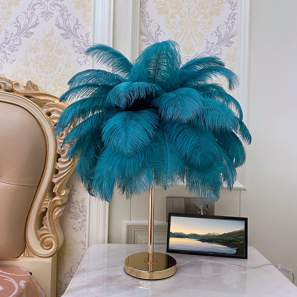 Lincwonz White Ostrich Feather Lamp,3-Color Temperature Modes,40 Feathers And 5 G4 Led Light Bulbs,Pink Lamp For Girl'S Bedside,Golden Base (Blue-Green)